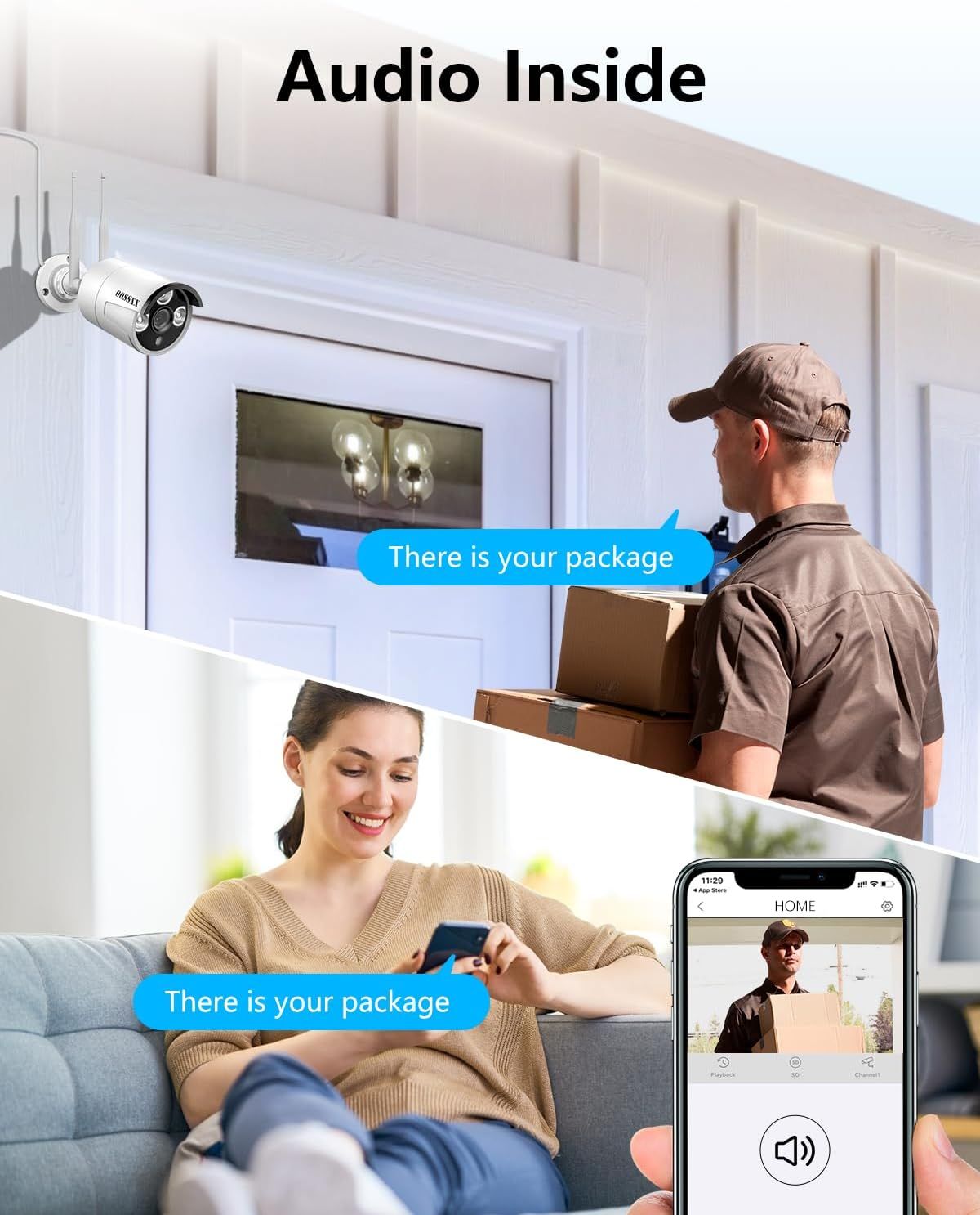 Demonstrates the security camera's two-way audio feature, showing how homeowners can communicate with delivery personnel or visitors in real-time through the camera and mobile app.