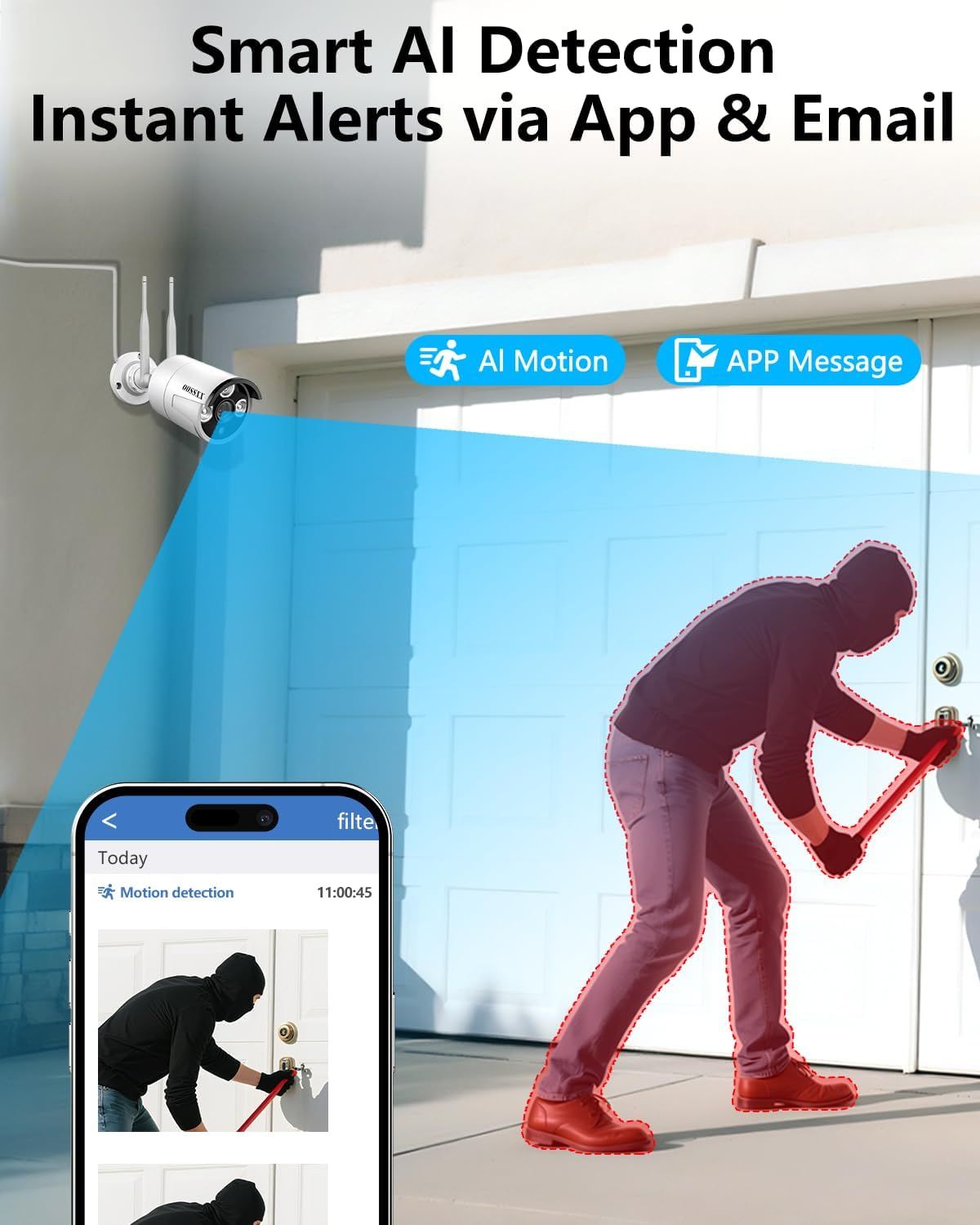 Demonstrates how the security camera's AI motion detection works and how users receive instant alerts via app and email when motion is detected. Highlights the product's smart AI detection…