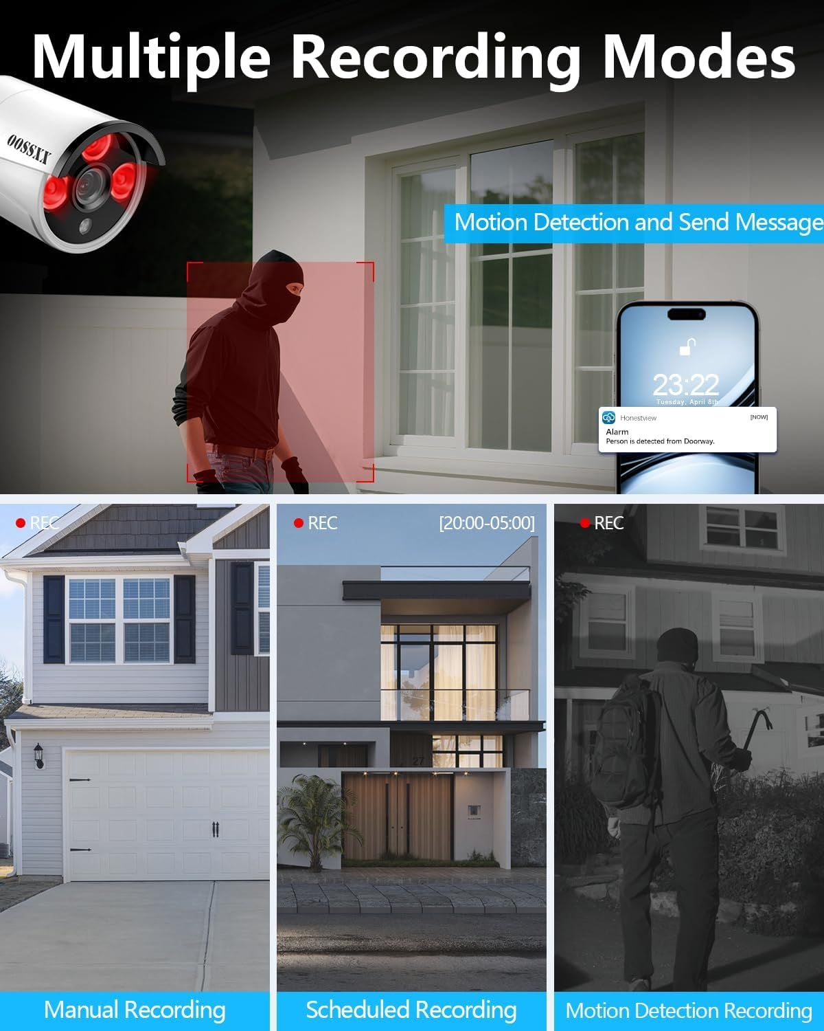 Demonstrates the security camera's versatility by showcasing three distinct recording modes (manual, scheduled, and motion detection) to reassure shoppers they can customize surveillance to their…