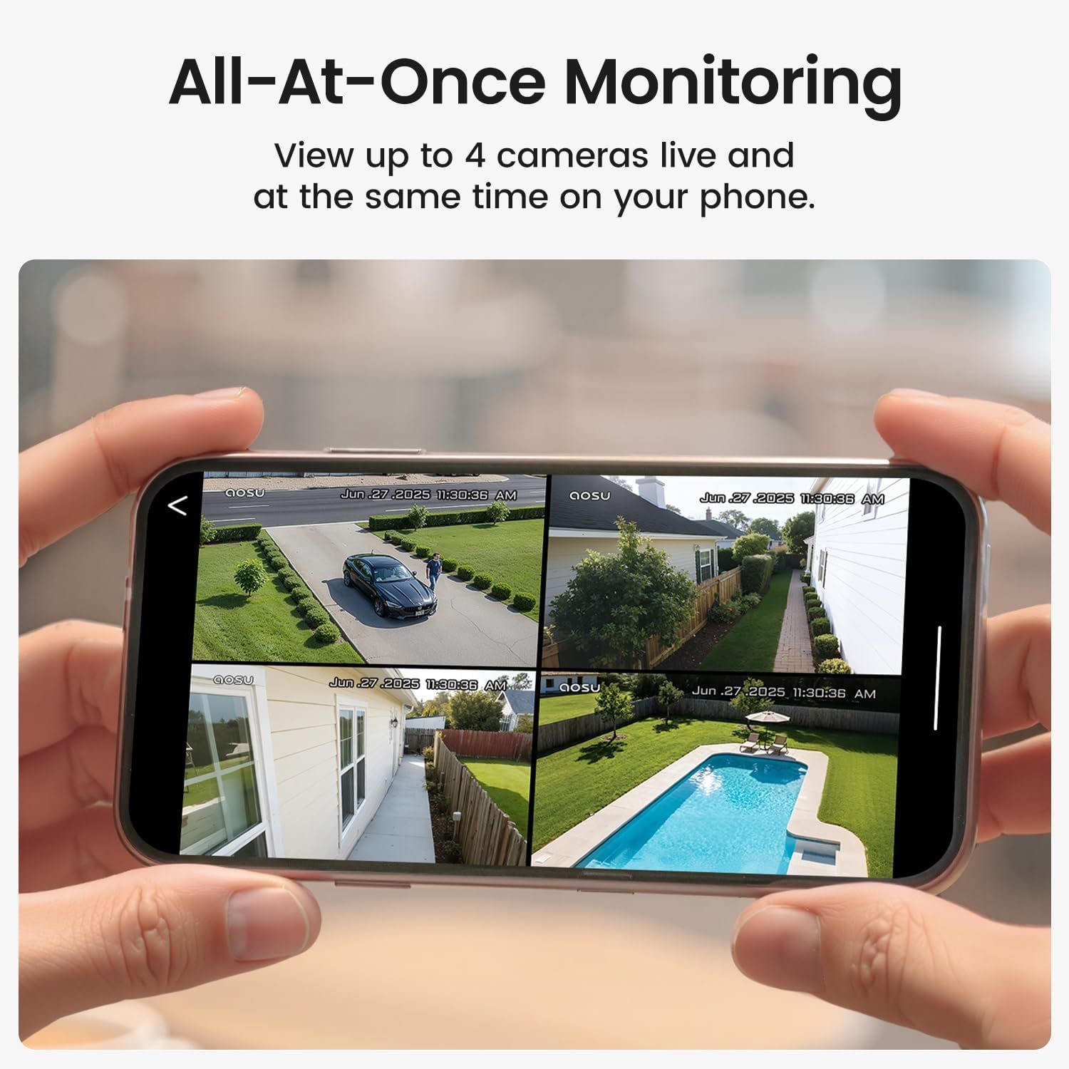 Demonstrates the product's ability to view up to 4 security cameras simultaneously on a mobile phone, reassuring shoppers of comprehensive home monitoring capability.