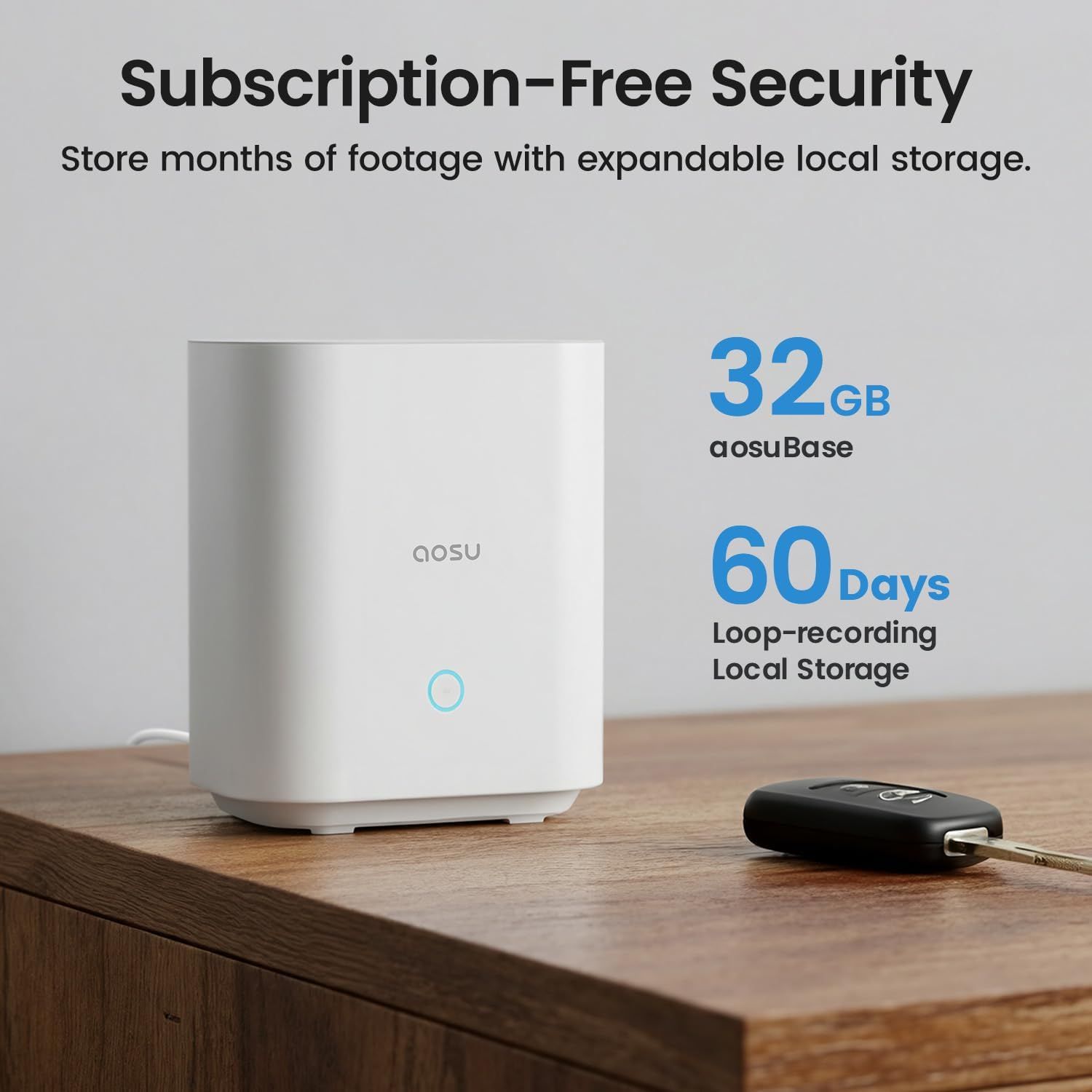 Communicates multiple key benefits of the security system: no subscription required, 32GB storage capacity, and 60 days of loop recording to reassure shoppers of cost savings and robust storage…