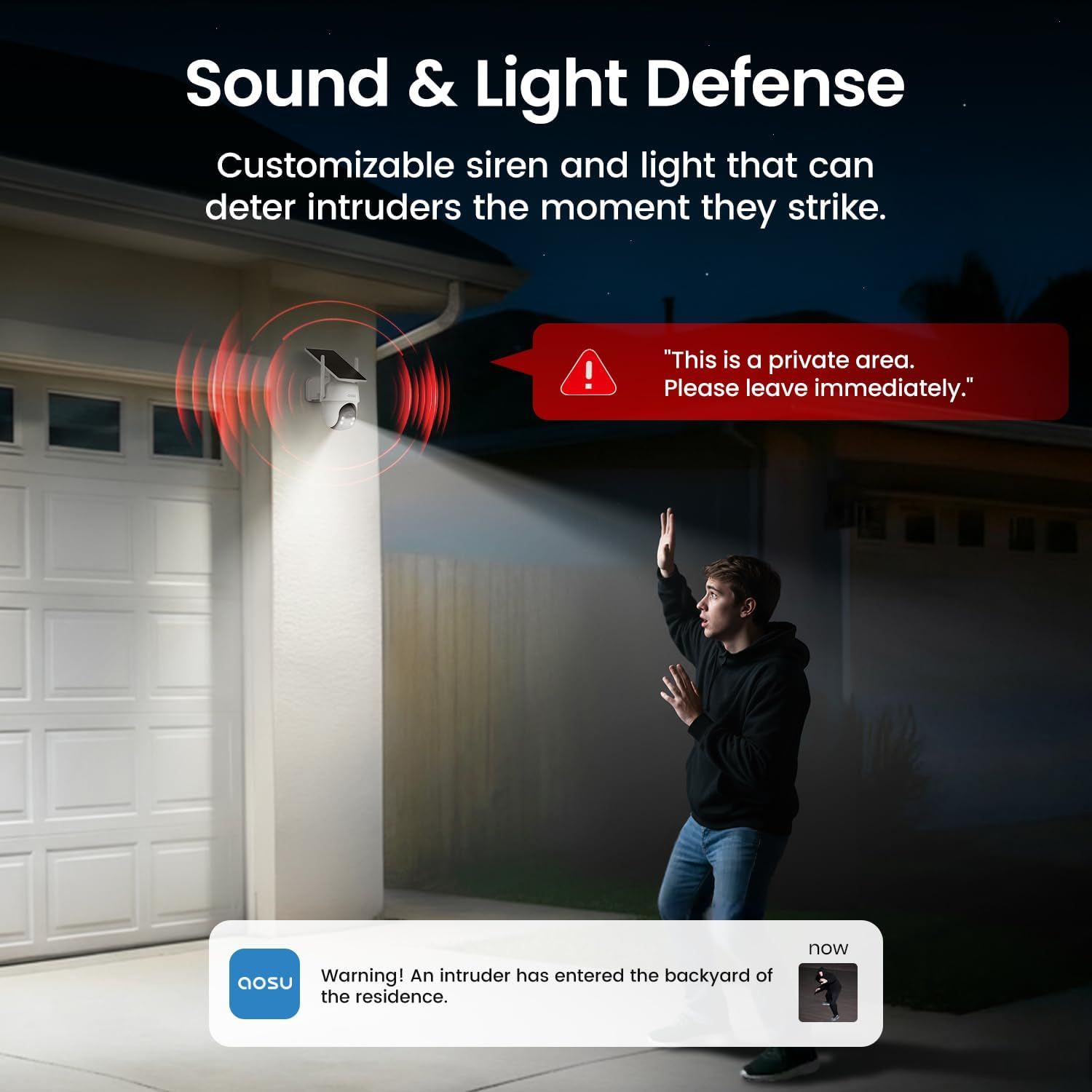 Demonstrates the product's ability to deter intruders using customizable siren and light features, providing security and peace of mind for homeowners.