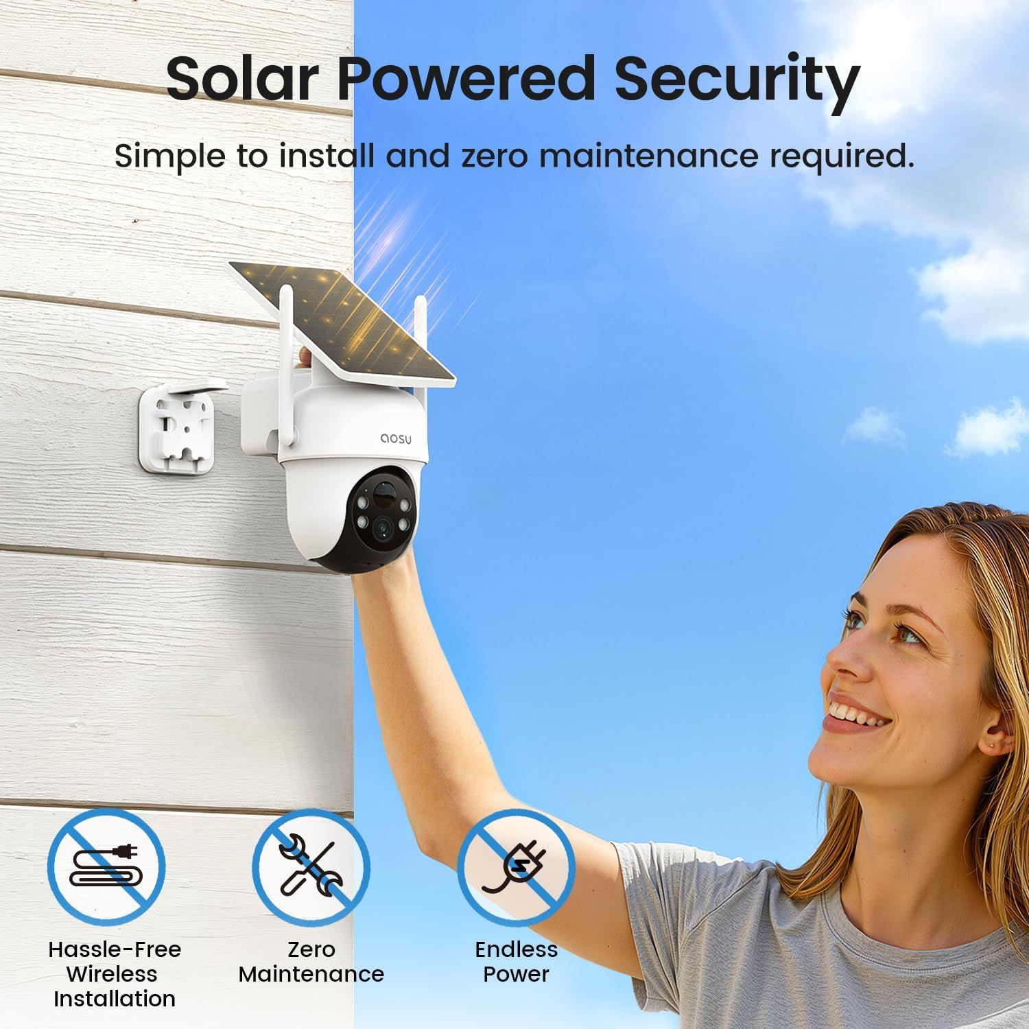 Communicates multiple key benefits of the solar-powered security camera: easy wireless installation, no maintenance required, and continuous solar power, reassuring shoppers of convenience and…