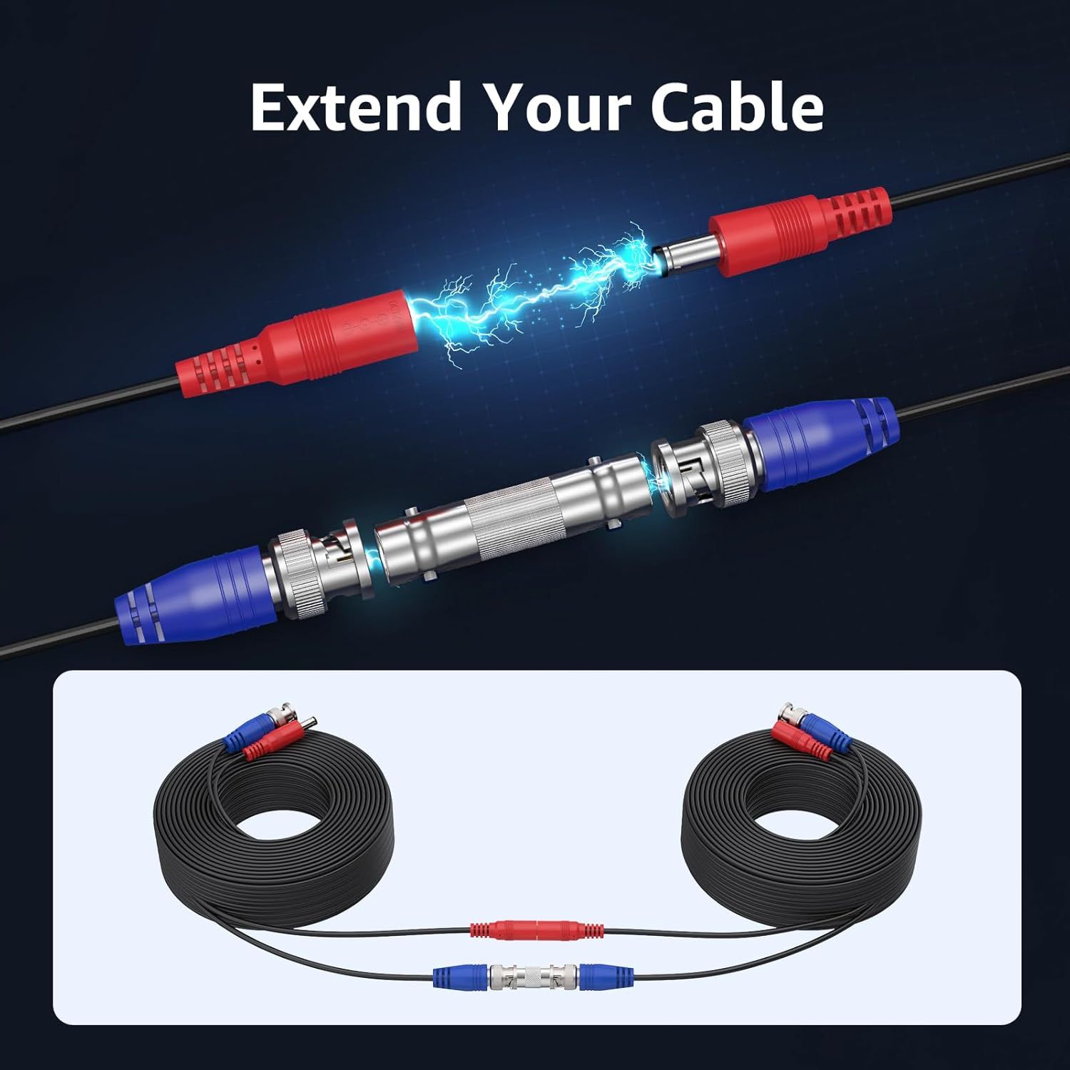Demonstrates how to use the cable extender connectors to join two cables together, showing the connection mechanism and the final assembled result. Highlights the product's ability to extend cable…