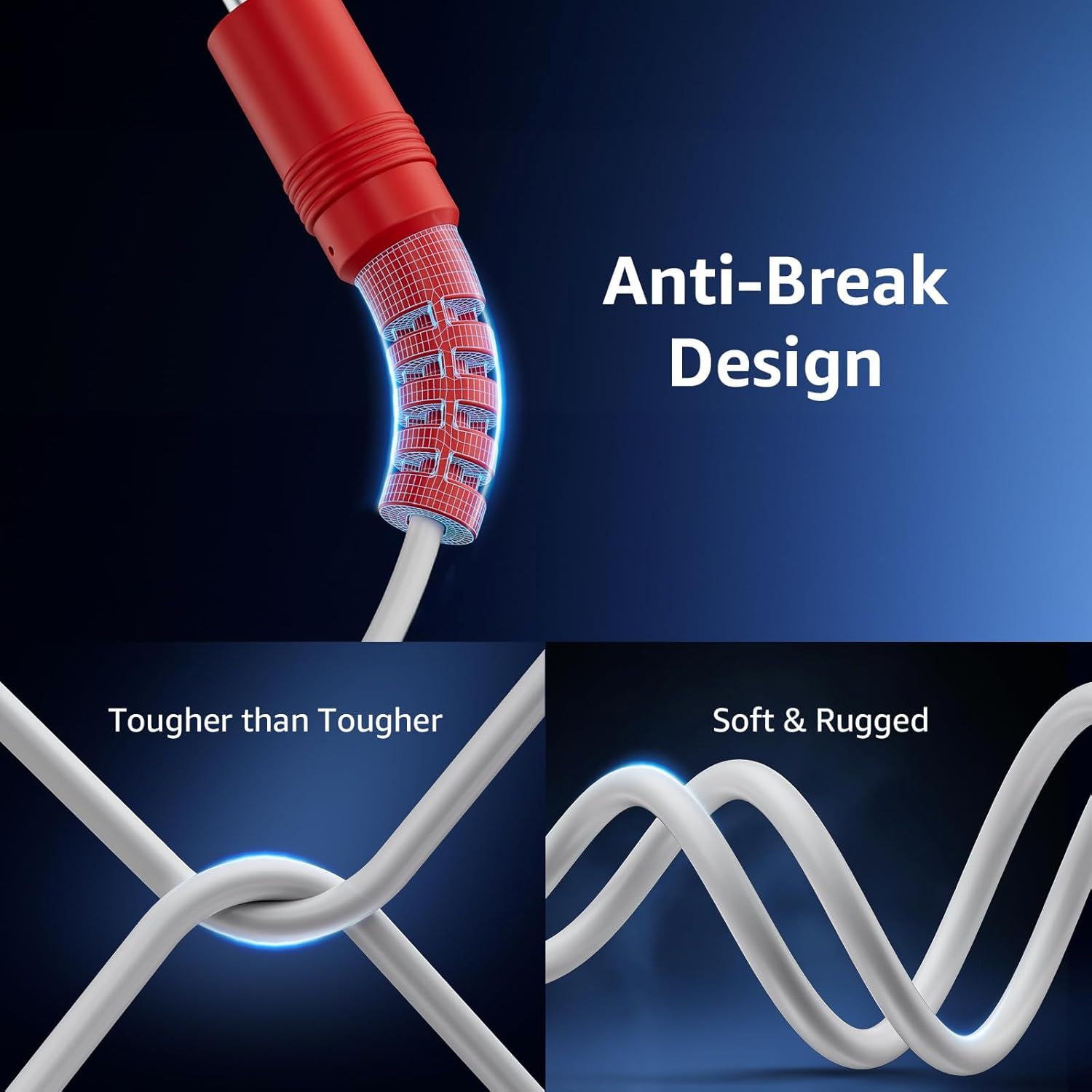 Demonstrates the internal reinforced structure of the cable that prevents breaking, reassuring shoppers of its durability and longevity. Highlights multiple durability benefits including anti-break…