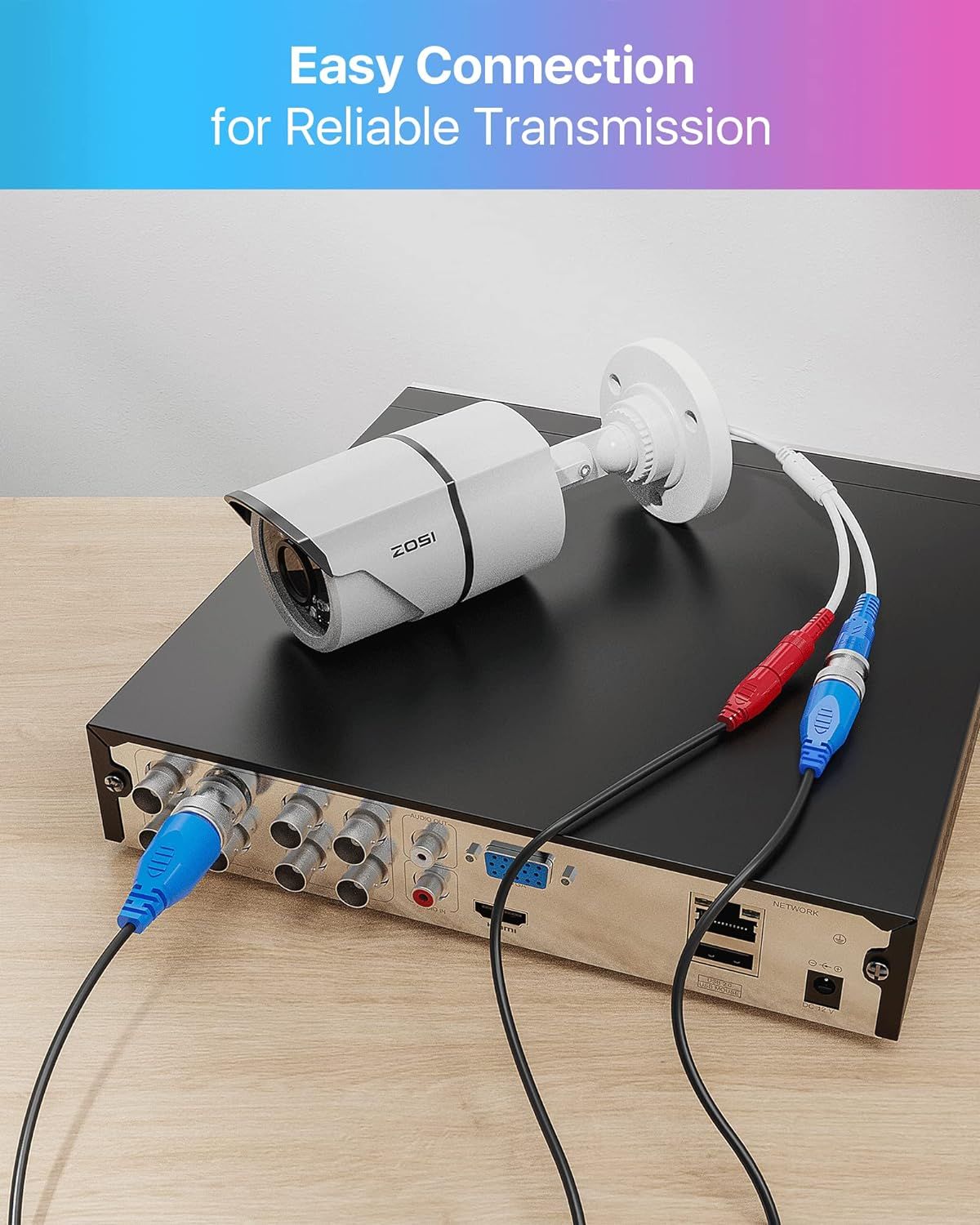 Demonstrates how to connect the security camera to the DVR system using color-coded cables, reassuring shoppers that installation is simple and straightforward. Highlights the ease of connection and…