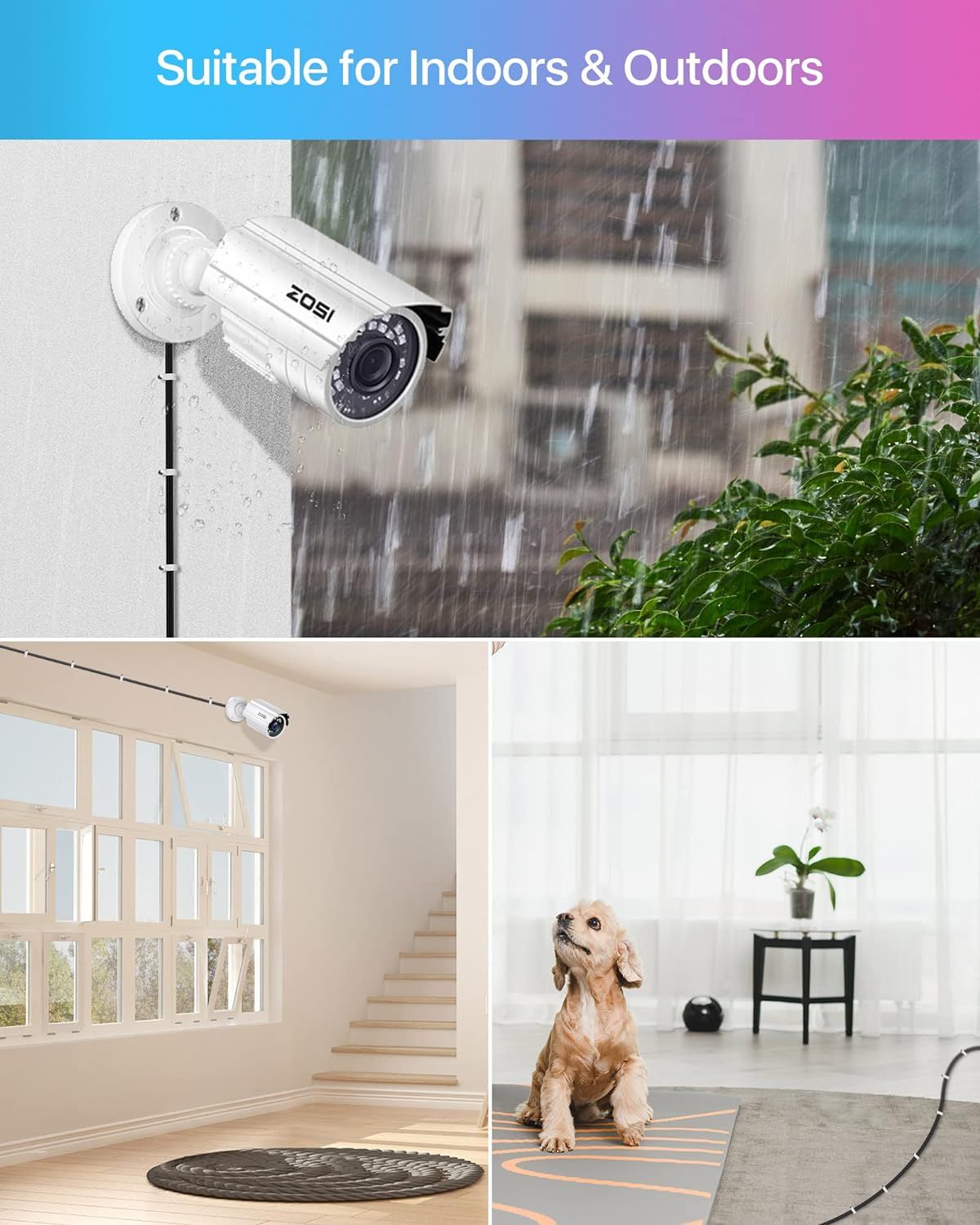Demonstrates the security camera's versatility by showing it can be used in multiple environments—outdoors in rain, indoors in hallways, and in living spaces—reassuring shoppers of its wide-ranging…