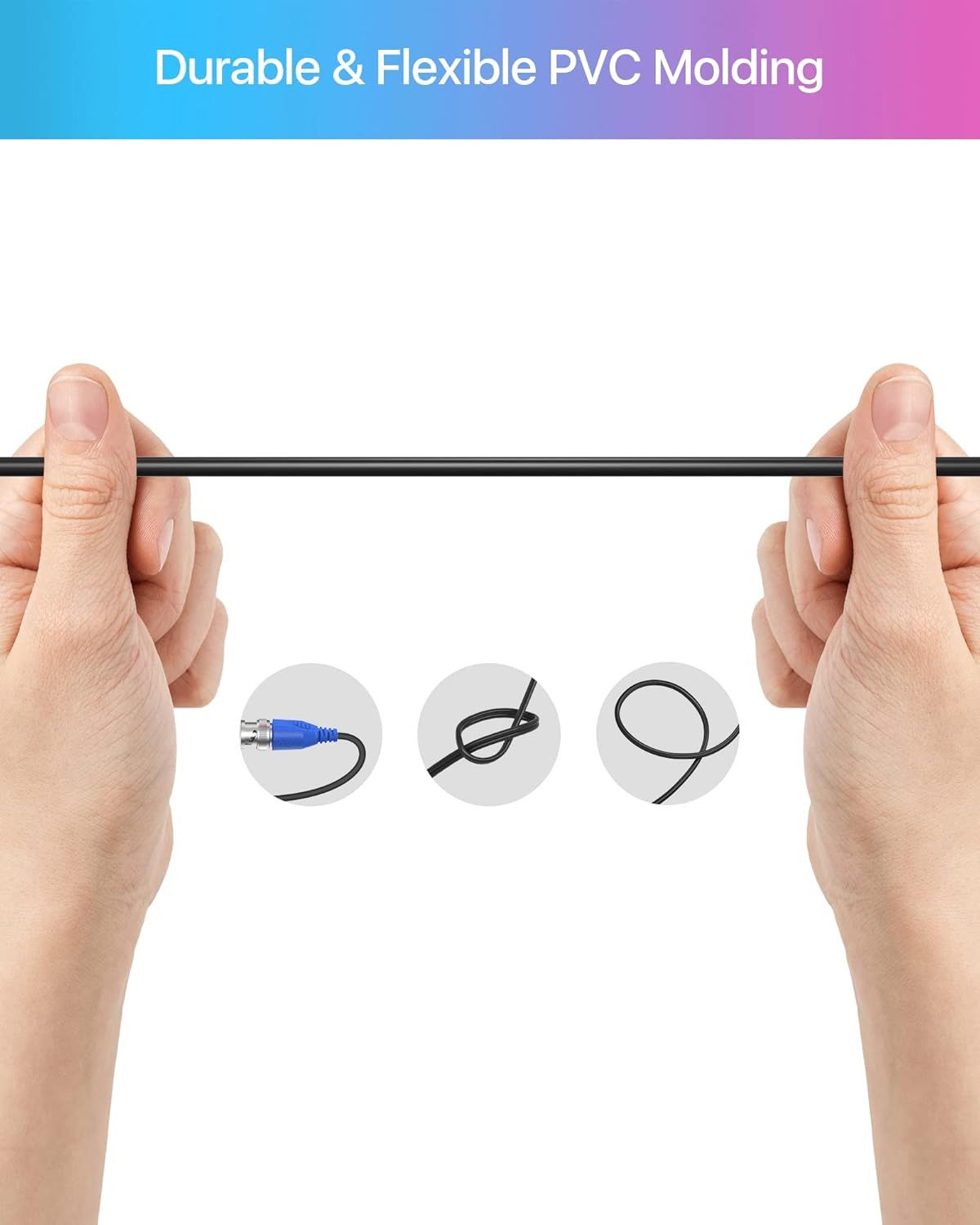 Demonstrates the flexibility and durability of the PVC molding material by showing hands bending the cable, reassuring shoppers that the product can withstand repeated bending without damage.