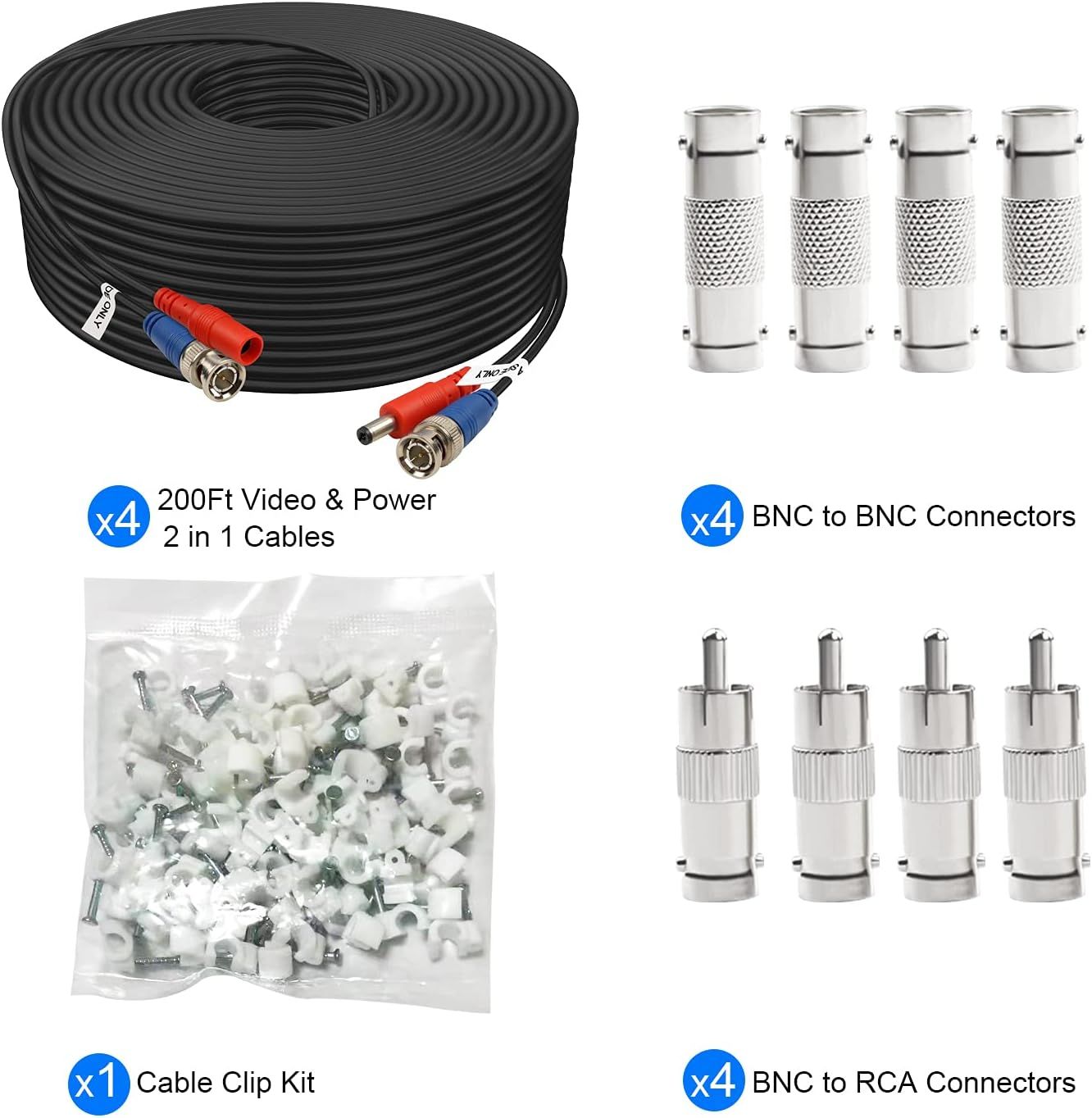 Shows everything included in the purchase—cables, BNC connectors, RCA connectors, and cable clips—to reassure shoppers they're getting a complete installation kit with all necessary components.