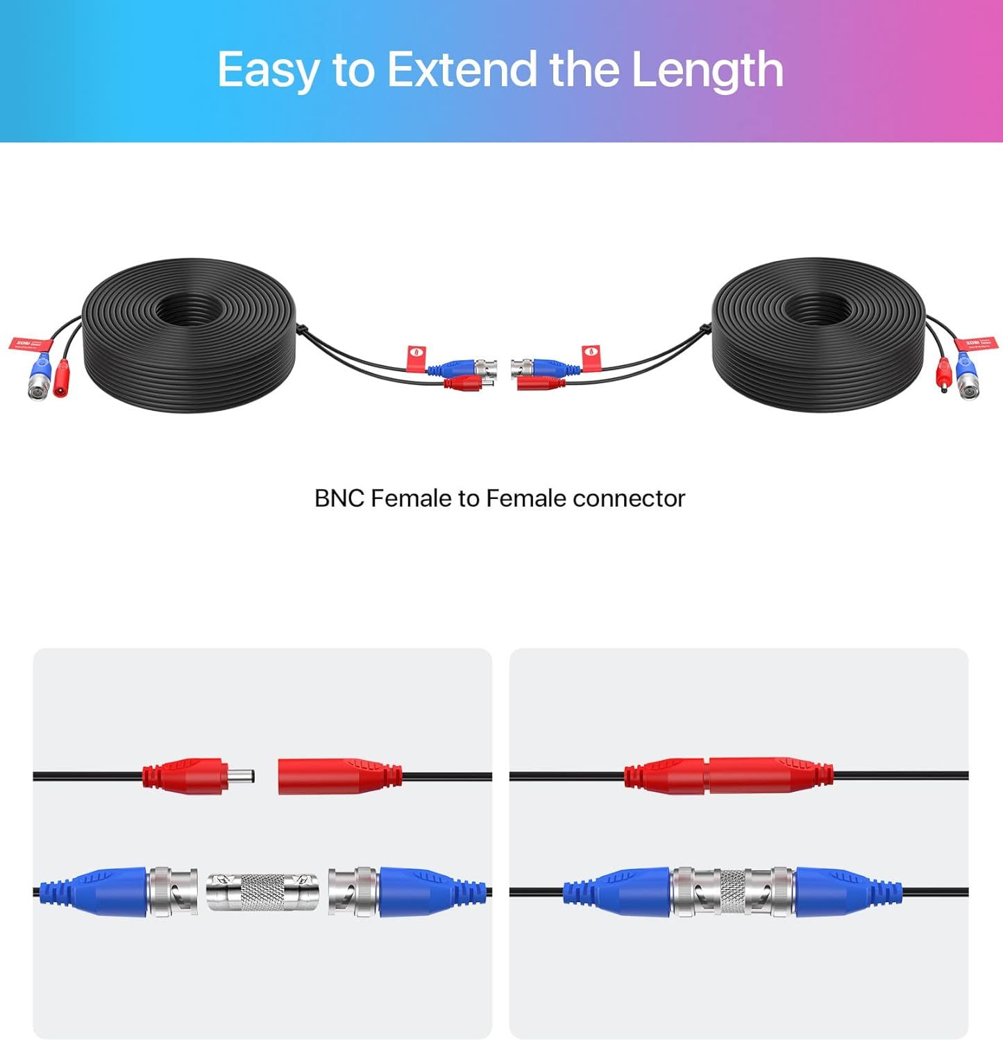 Demonstrates how to extend cable length using the BNC female-to-female connector, showing the setup process and connector compatibility. Highlights the ease of extending cable length with the…