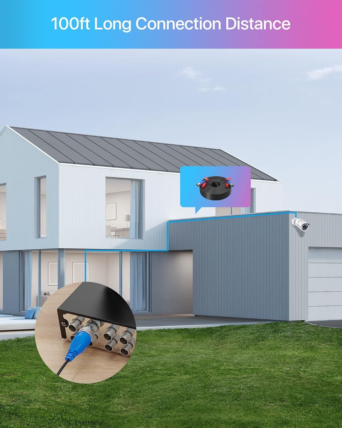 Communicates the product's long-range capability of 100ft connection distance, reassuring shoppers that the security camera system can cover large properties and maintain reliable connectivity…