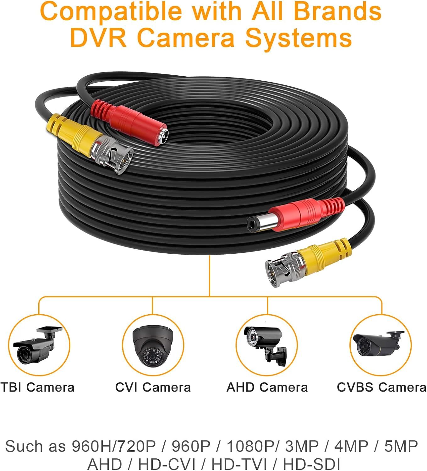 Demonstrates that the cable is compatible with multiple DVR camera systems (TBI, CVI, AHD, CVBS) and various resolutions, reassuring shoppers of broad compatibility and versatility.
