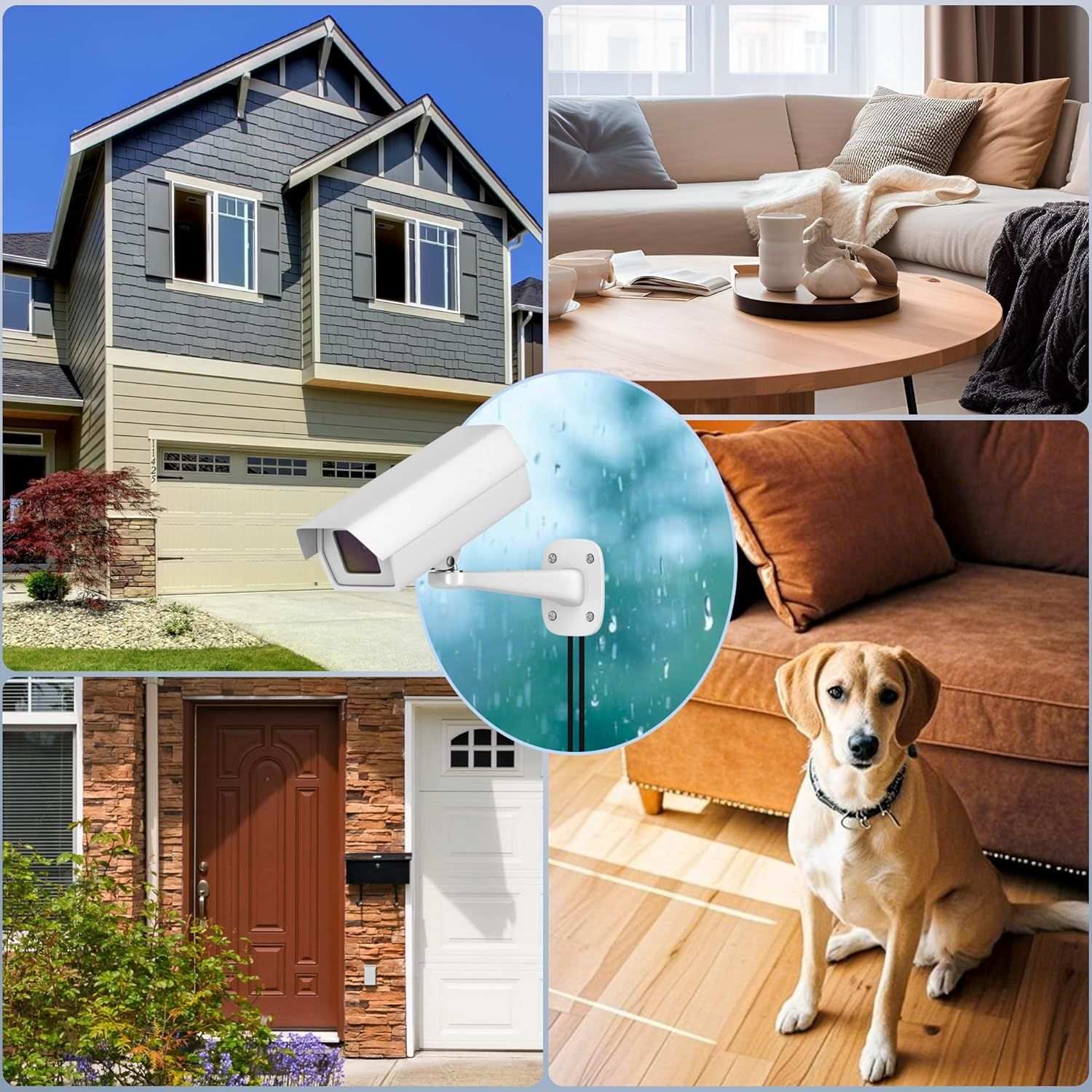 Demonstrates the product's versatility by showing it can be used in multiple environments—monitoring the exterior of homes, interior living spaces, and areas with pets—to reassure shoppers of its…