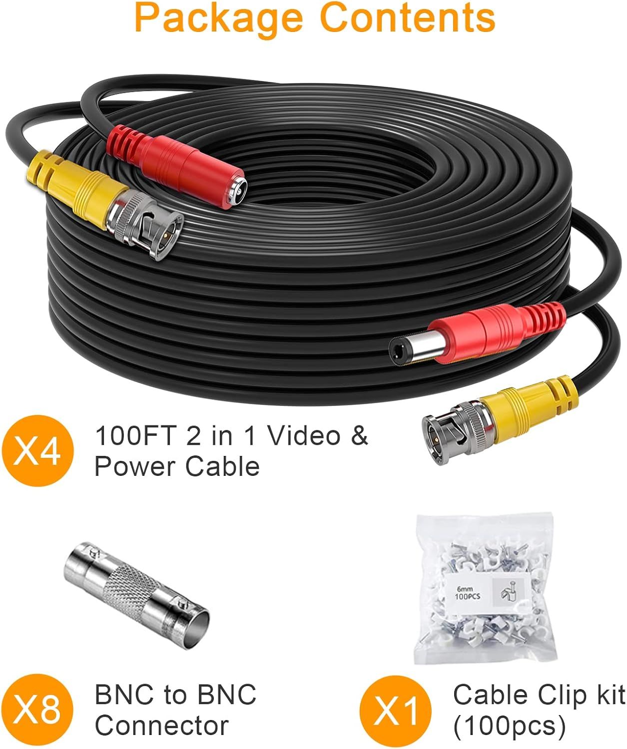 Shows the customer everything included in the package: 4 cables, 8 connectors, and 100 cable clips, providing transparency and reassurance about the complete bundle.