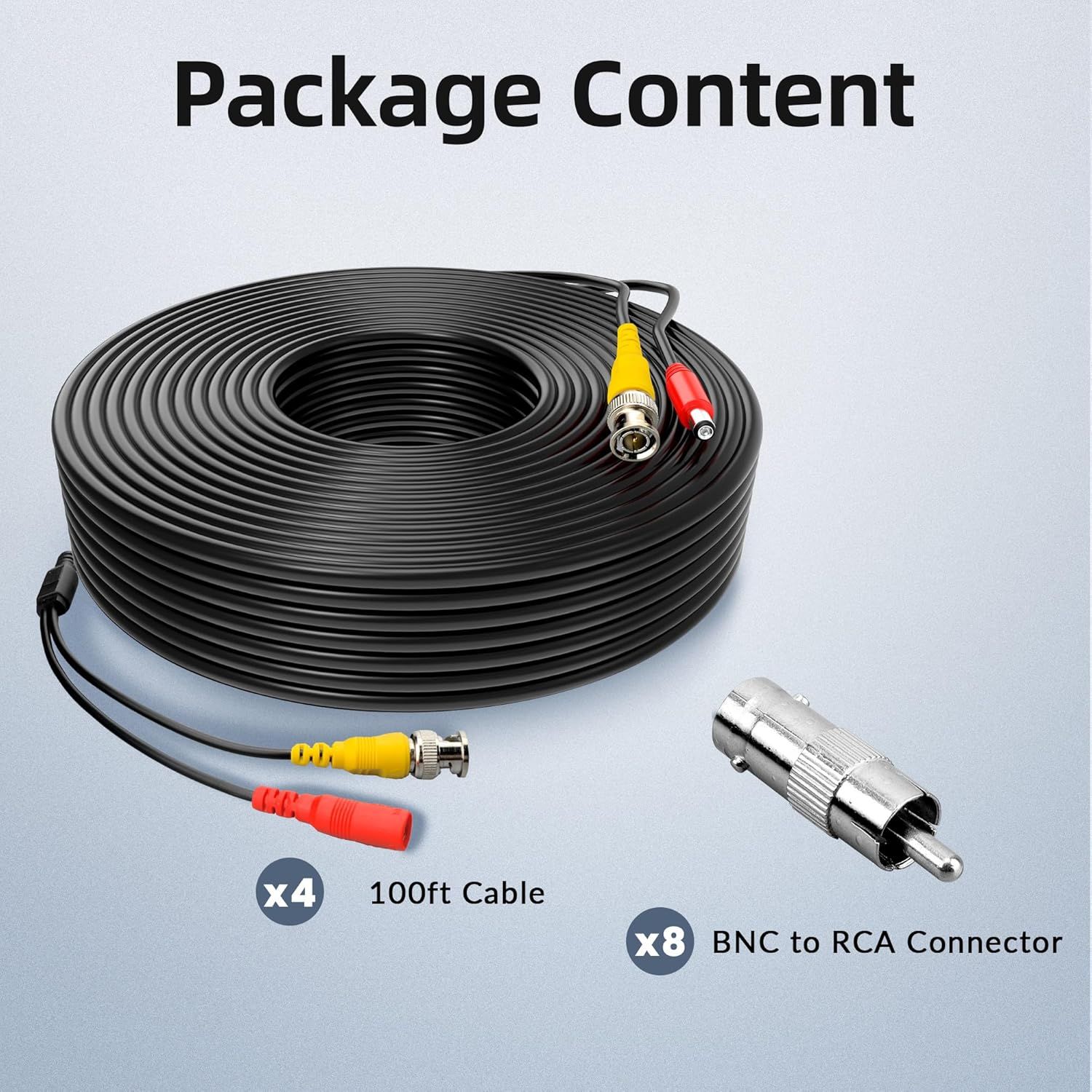 Shows the customer exactly what is included in the package: 4 cables (100ft each) and 8 BNC to RCA connectors, helping them understand the complete bundle they will receive.