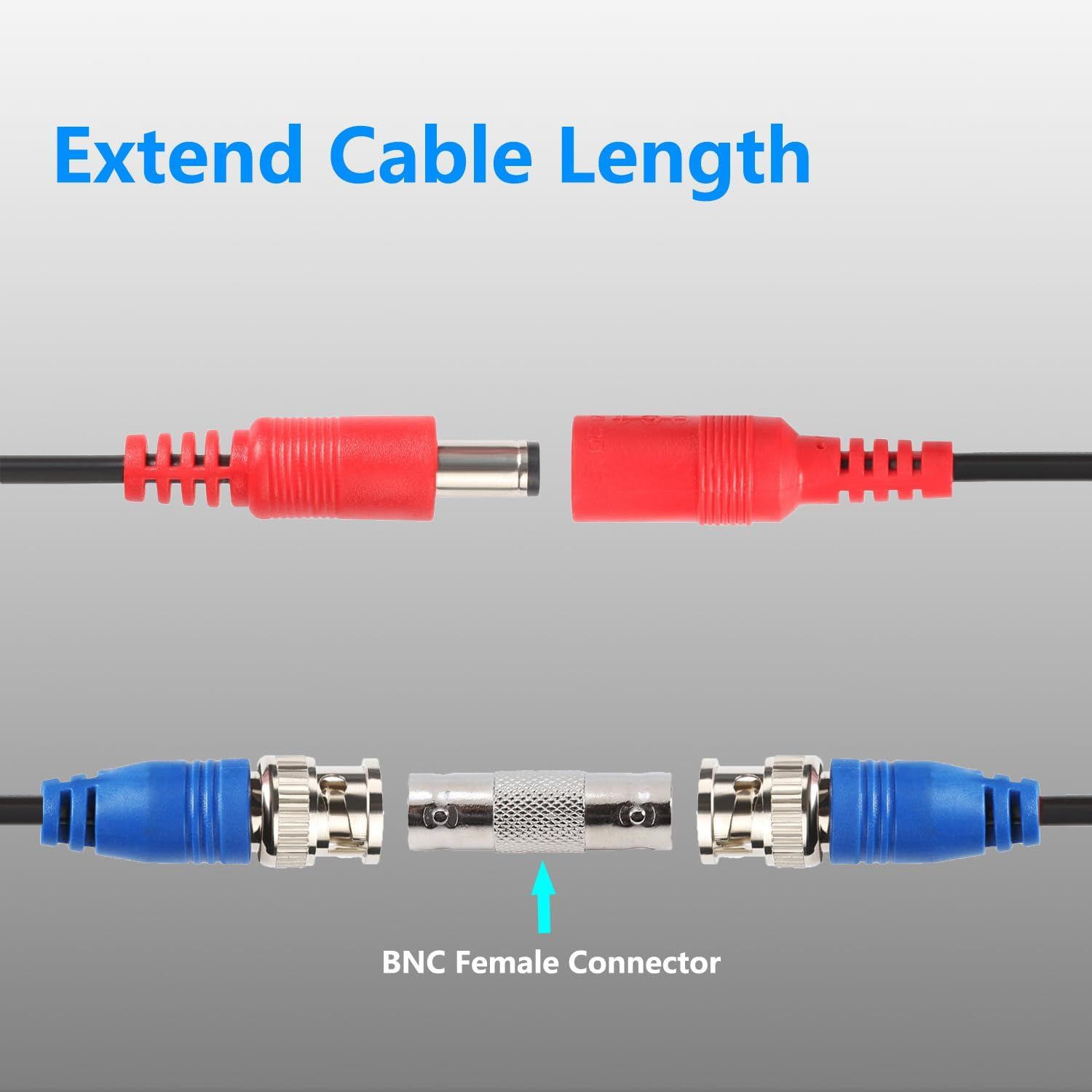 Shows the customer what's included in the package—specifically the BNC female connector adapter that allows extending cable length between two cables. Demonstrates the key benefit of extending cable…