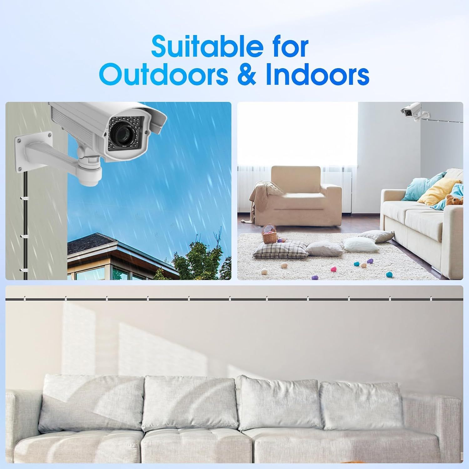 Demonstrates the product's versatility by showing it can be used in multiple environments—both outdoors (weatherproof surveillance) and indoors (home security monitoring).