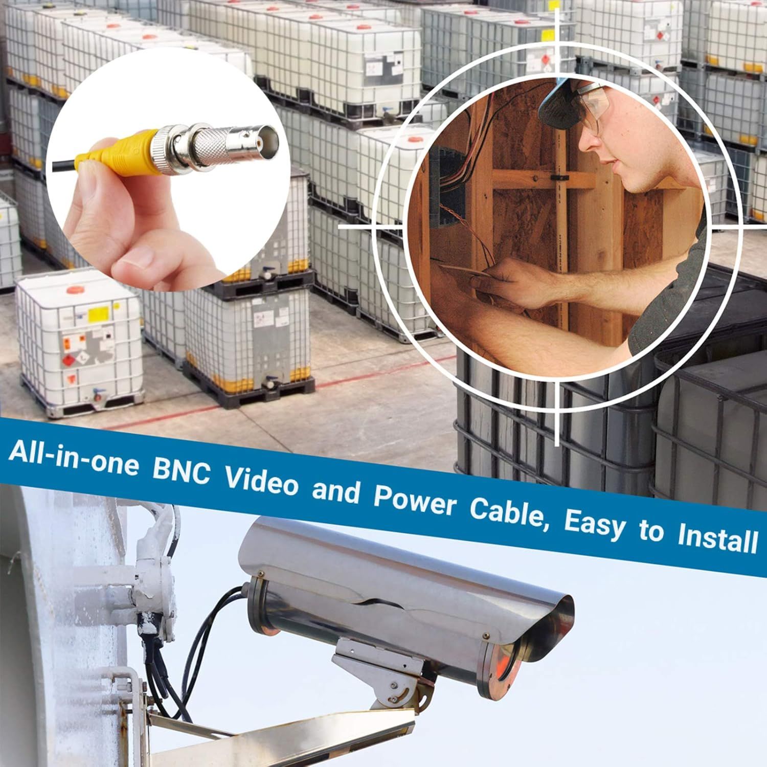 Demonstrates the versatility of the BNC video and power cable by showing multiple real-world applications including warehouse surveillance and home security installation, reassuring shoppers that…