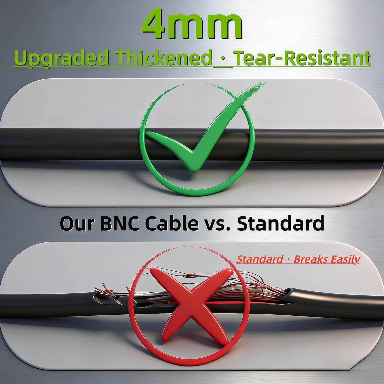 Demonstrates the superiority of the brand's BNC cable over standard competitors by showing the upgraded 4mm thickness and tear-resistance versus a standard cable that breaks easily.