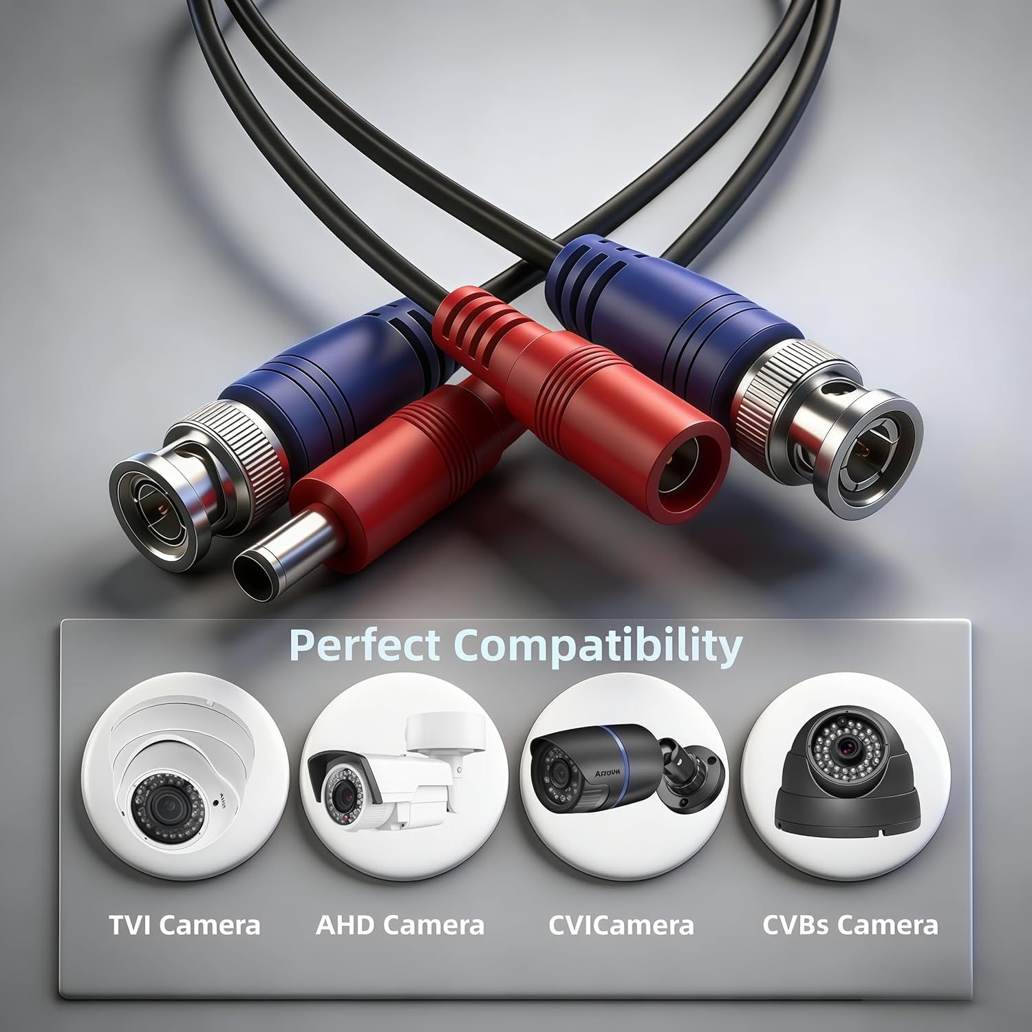 Demonstrates that the cable is compatible with four different security camera types (TVI, AHD, CVI, and CVBs cameras), reassuring shoppers of its versatility and broad device compatibility.