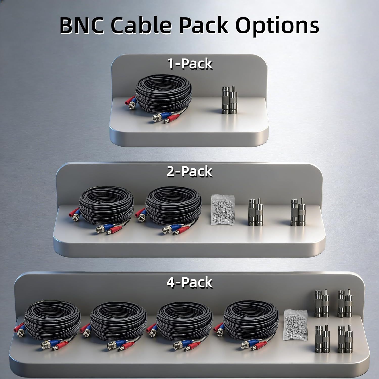 Helps shoppers choose between different pack size options (1-Pack, 2-Pack, 4-Pack) by showing what's included in each variant of the BNC cable product line.