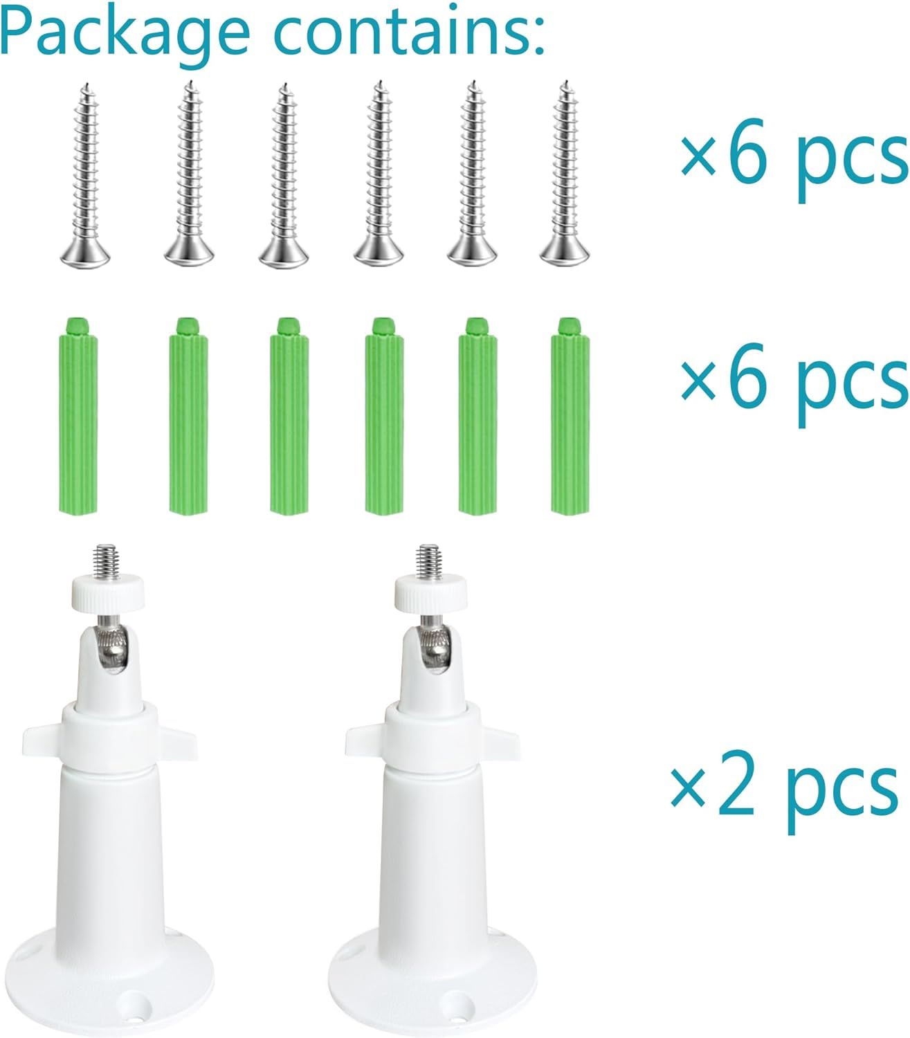 Shows the customer exactly what components are included in the package: 6 screws, 6 green anchors, and 2 white mounting brackets, providing clarity on the complete installation kit.