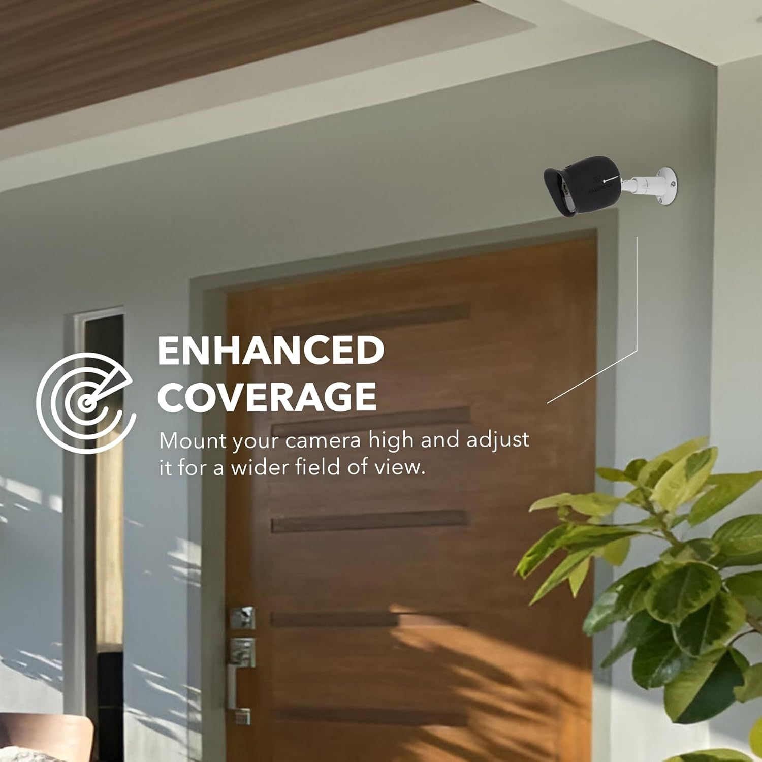 Demonstrates optimal camera placement by showing how mounting the security camera high and adjusting its angle provides enhanced coverage and a wider field of view for home monitoring. Communicates…