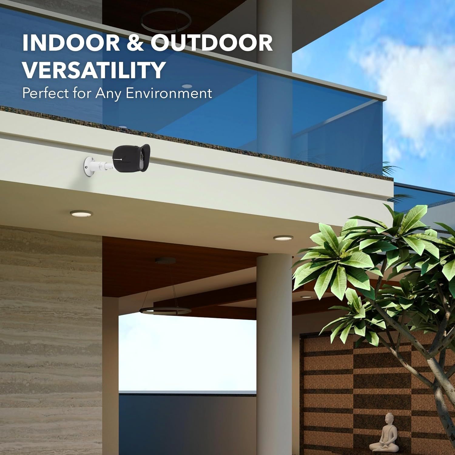 Demonstrates that the security camera can be used in multiple environments, both indoors and outdoors, reassuring shoppers of its versatile installation options. Highlights the product's versatility…