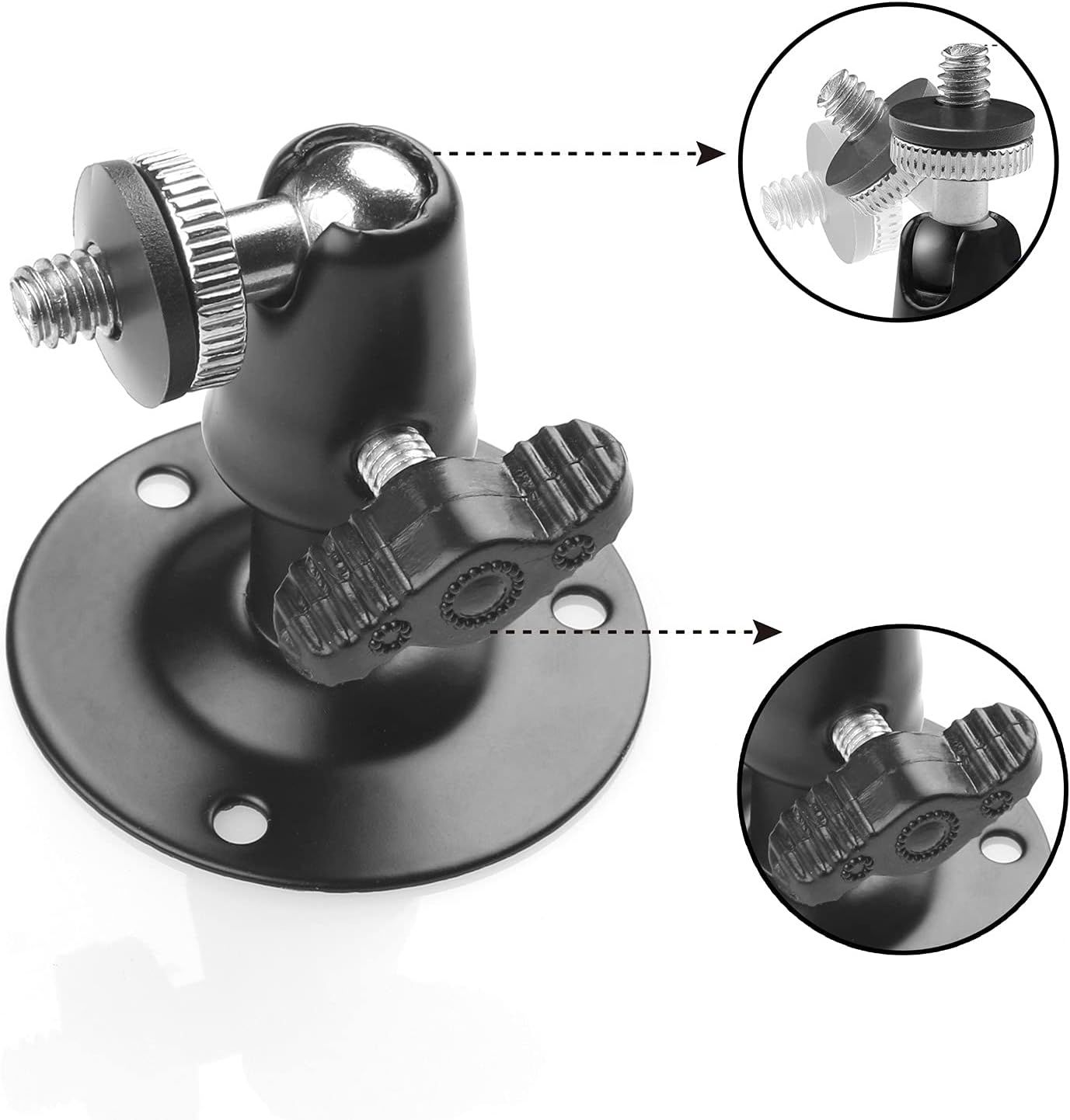 This image breaks down the physical components of the camera mount, using zoom-in callouts to show the ball-head adjustment mechanism and base plate structure, helping shoppers understand how the…