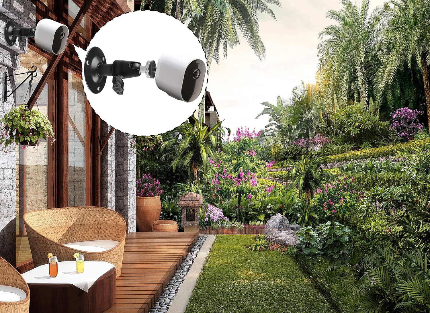 Demonstrates the security camera's use in an outdoor residential setting, showing shoppers where and how the product can be installed to monitor gardens, patios, and home exteriors.