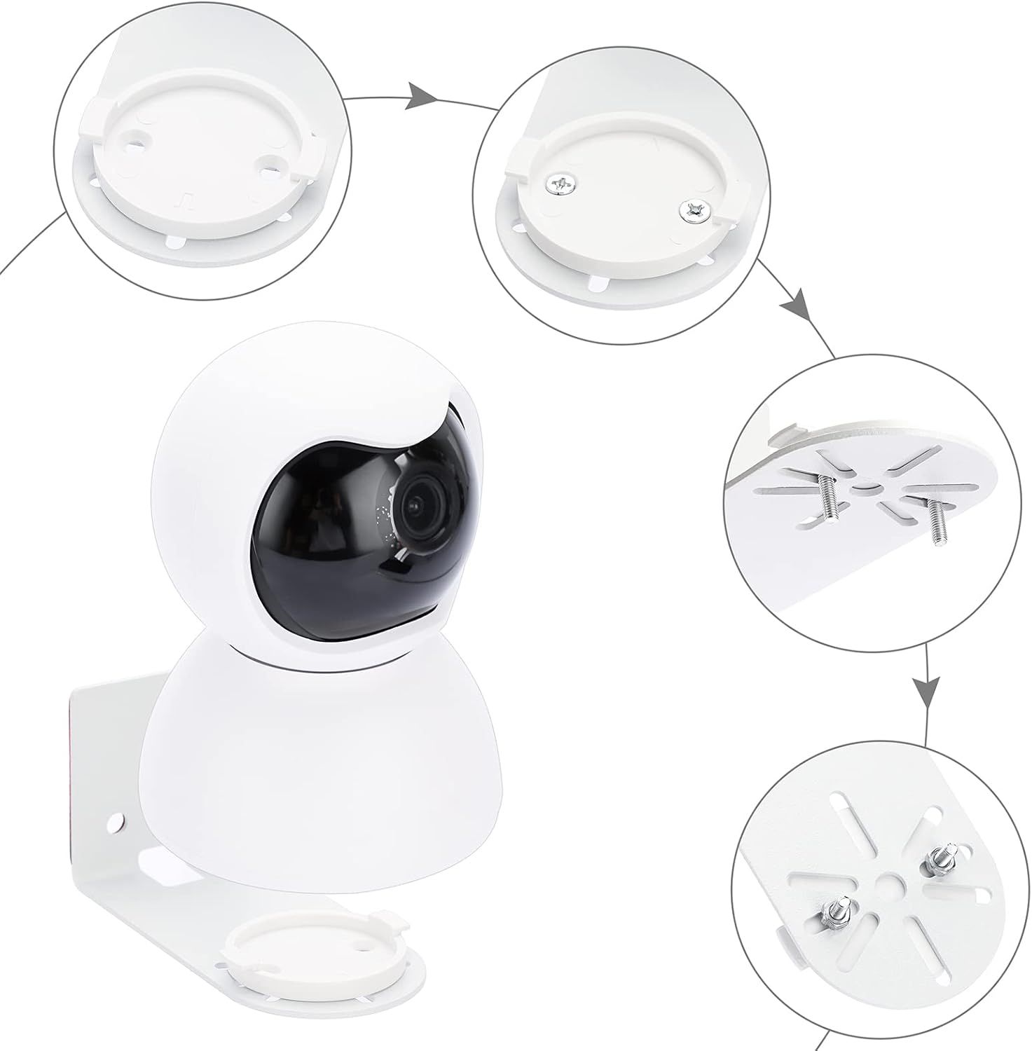 This image demonstrates the step-by-step installation process for the security camera, showing shoppers how to mount and secure the device to a surface using the included hardware.