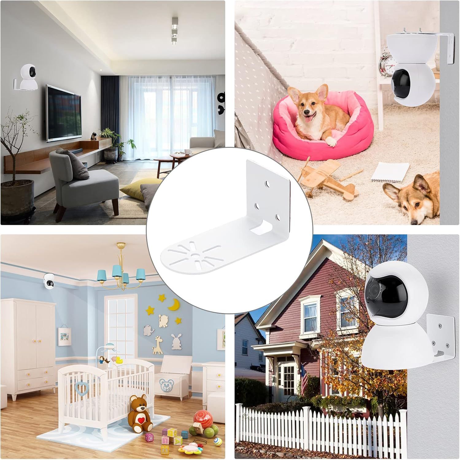 Demonstrates the versatility of the security camera by showing it can be used in multiple environments and scenarios: living rooms, nurseries, pet areas, and outdoor home security.