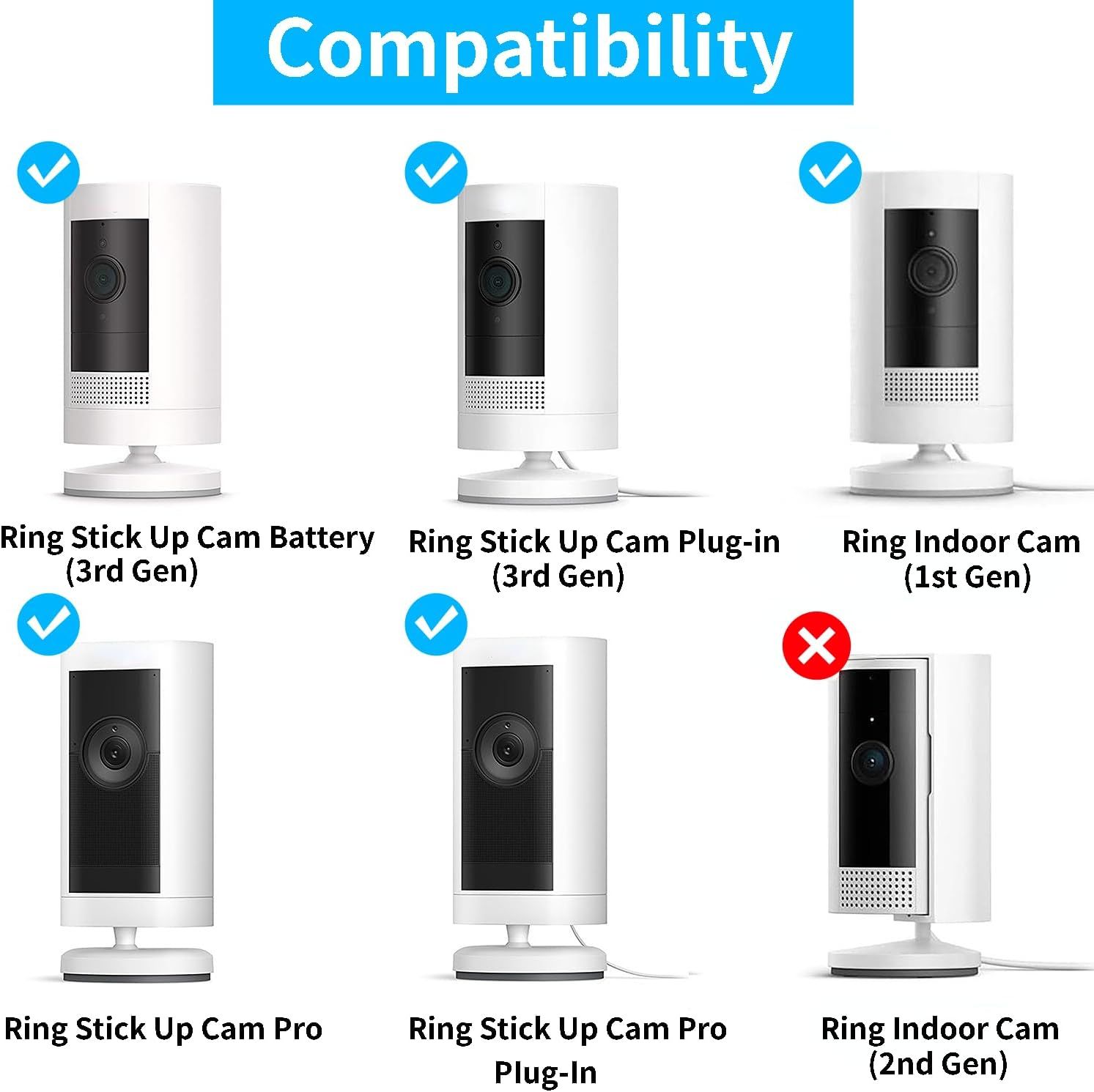 Shows which Ring camera models are compatible with the product, helping shoppers verify that their specific camera model will work before purchasing.