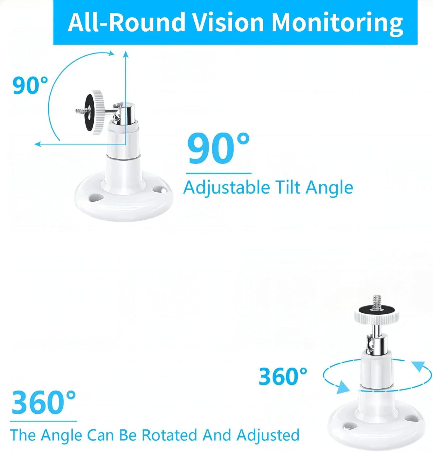 Demonstrates the camera's flexible mounting system with adjustable tilt and full rotation capabilities, reassuring shoppers they can position the camera for optimal monitoring coverage. Highlights…