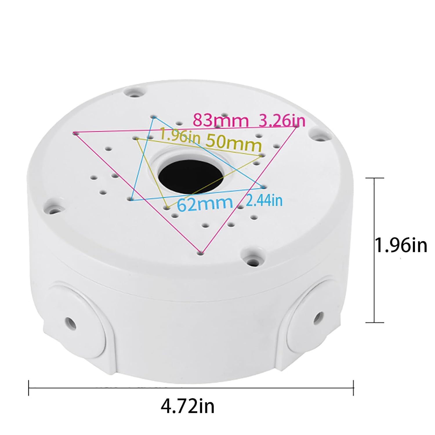 Communicates the exact physical dimensions of the mounting junction box to help shoppers verify compatibility with their installation needs and ensure proper fit.