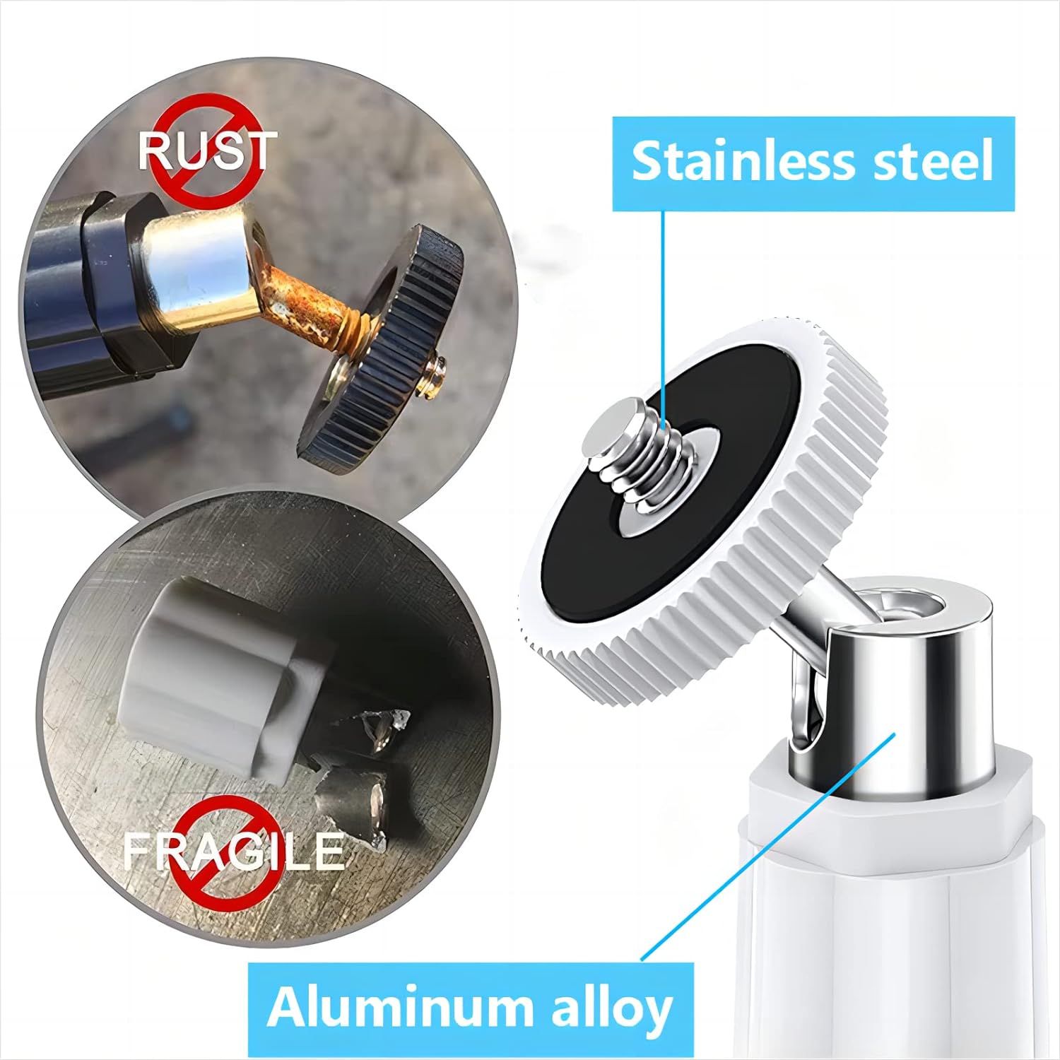 Demonstrates the superiority of the product's stainless steel and aluminum alloy construction by contrasting it with inferior materials that rust or break, reassuring shoppers of long-lasting…