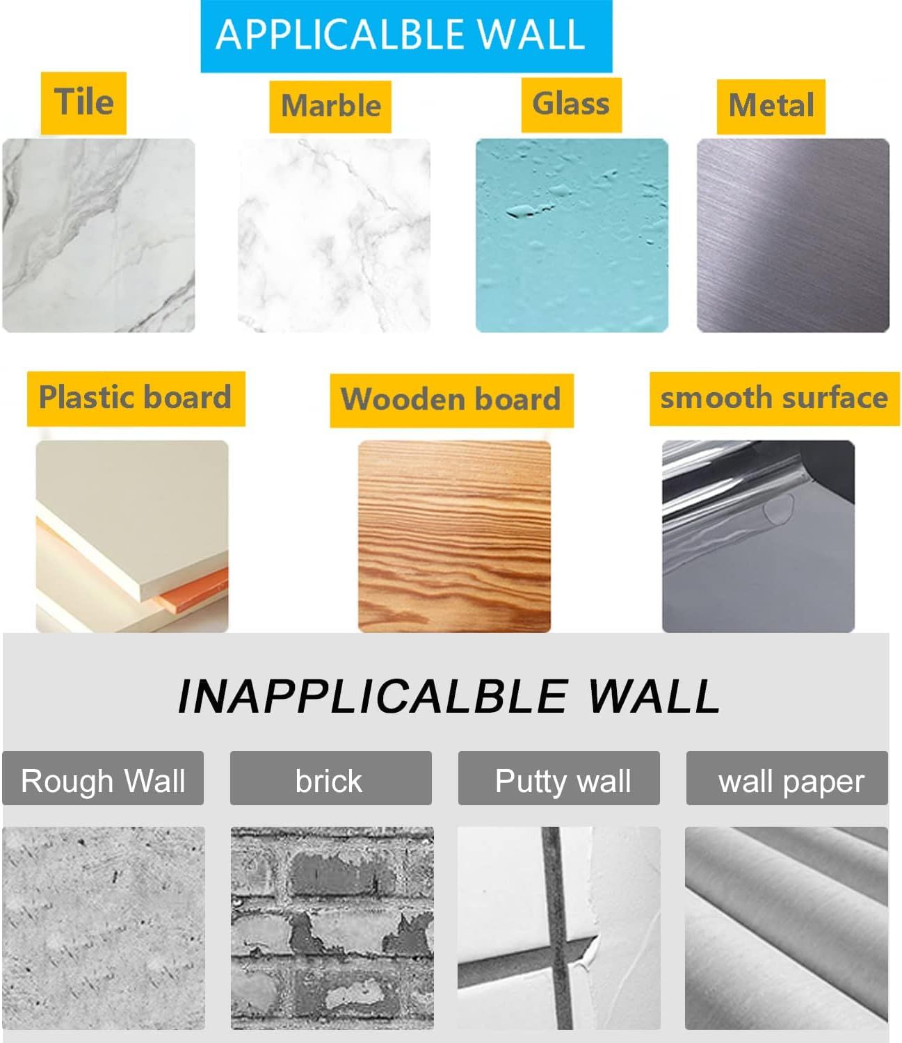 Demonstrates the multiple surface types where the product can and cannot be applied, helping shoppers understand compatibility and proper usage scenarios.