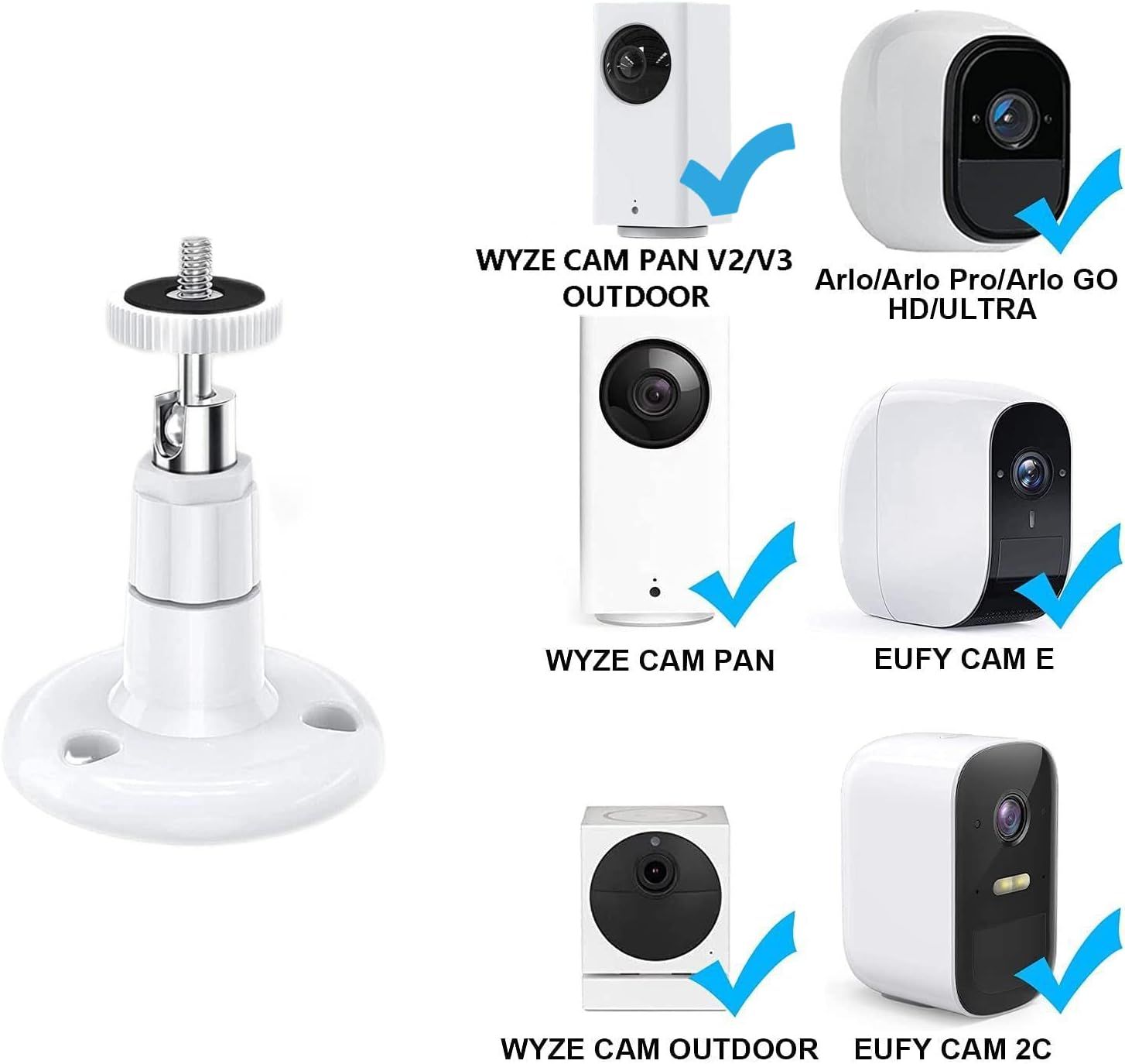 Shows shoppers which security camera models are compatible with this mounting accessory, helping them confirm the product will work with their specific camera brand and model.