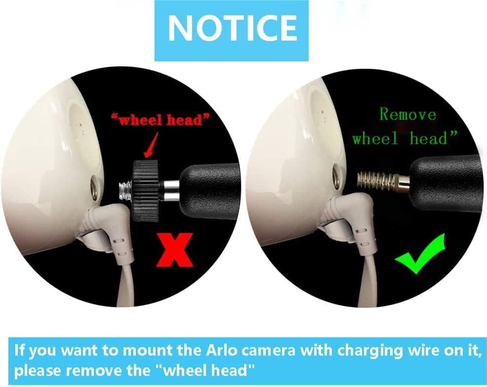 Instructs the customer on the correct way to mount the Arlo camera with a charging wire by removing the wheel head component, preventing installation errors.