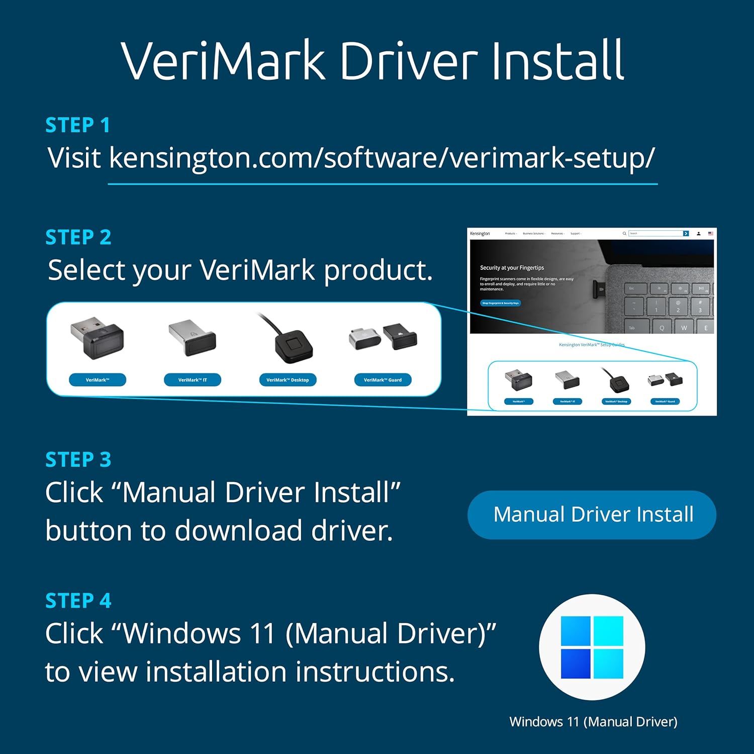 Provides step-by-step instructions for installing VeriMark driver software, guiding users through the complete setup process from website visit to final installation.