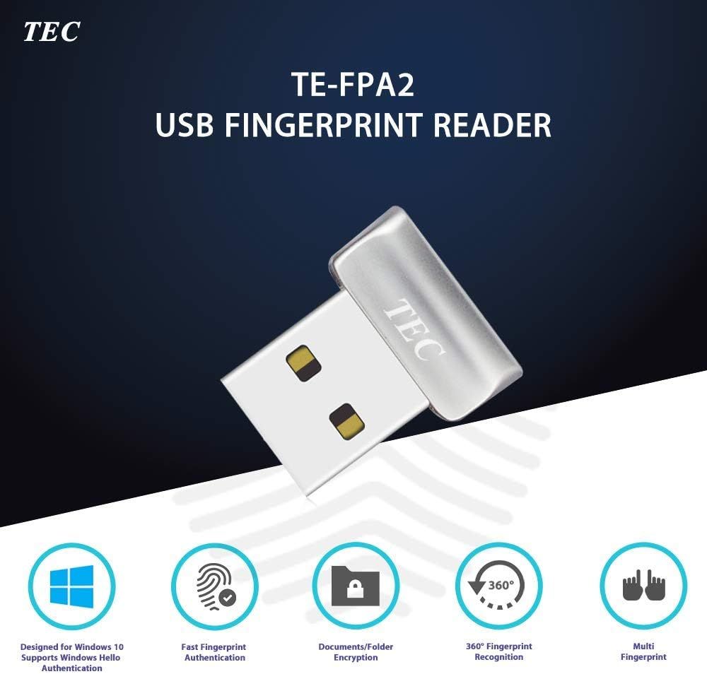 Communicates multiple key benefits of the USB fingerprint reader including OS compatibility, security features, and usability advantages to help shoppers understand the product's comprehensive…