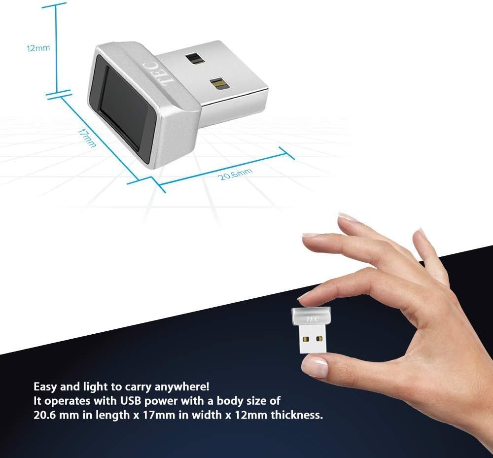 Communicates the exact physical dimensions of the USB device and demonstrates its ultra-compact, portable size using dimension arrows and a hand reference for scale. Reinforces the key benefit that…