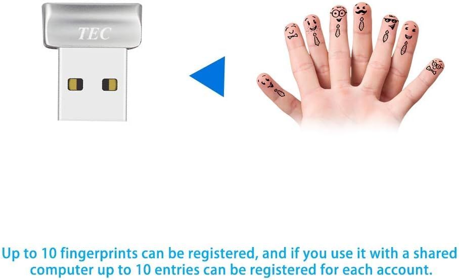 Communicates the product's capacity to register up to 10 fingerprints per account, emphasizing its multi-user functionality and convenience for shared computer environments. Highlights the…