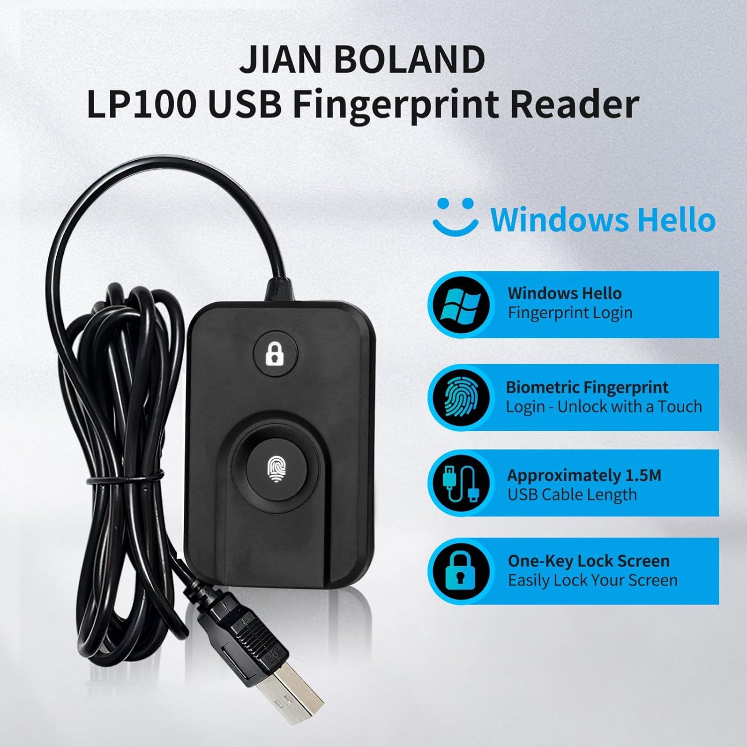 Communicates multiple key features and benefits of the fingerprint reader in a segmented layout, showing compatibility, security, cable length, and ease of use to help shoppers understand the…