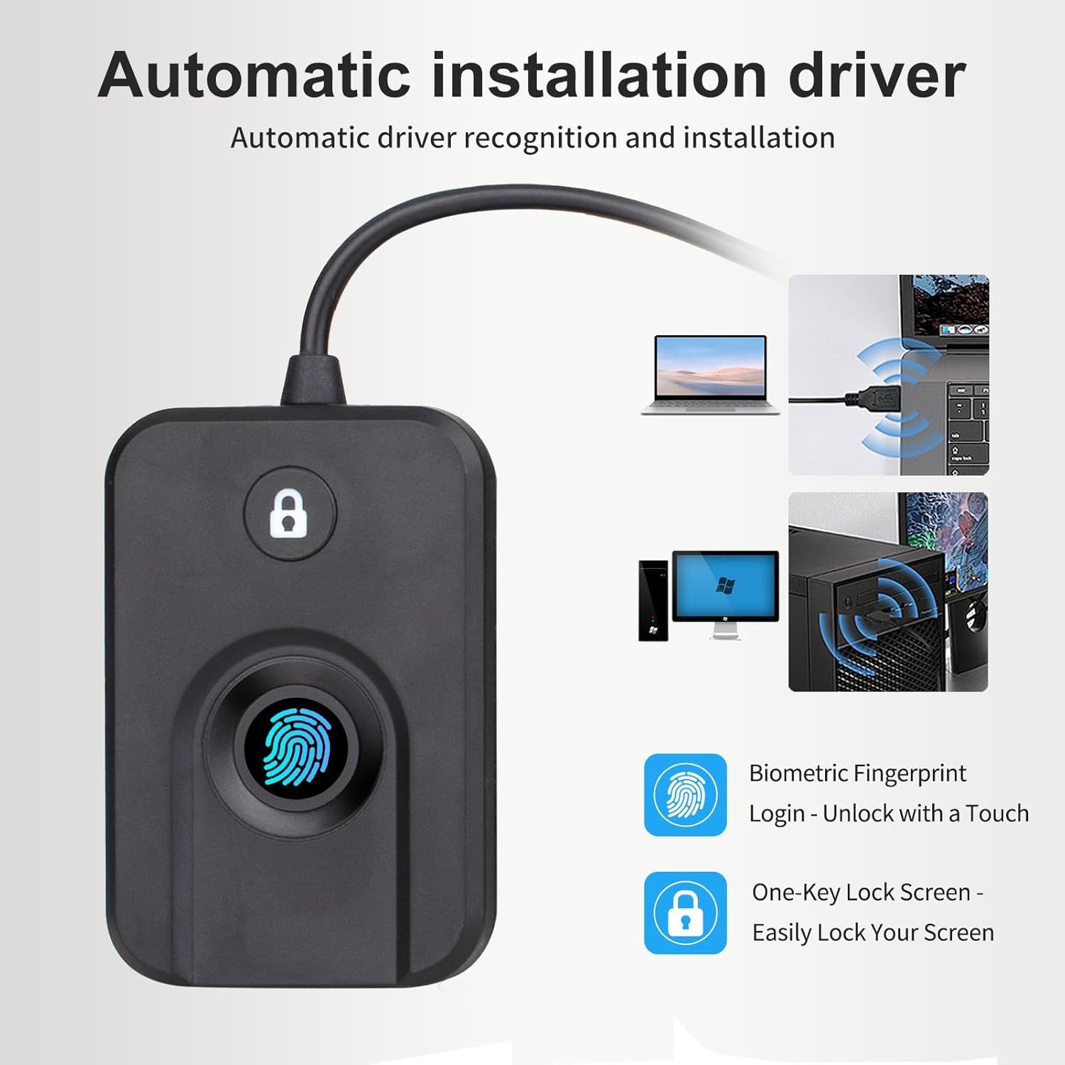 Communicates multiple distinct benefits of the fingerprint security device: automatic setup, biometric login capability, and easy screen locking functionality.