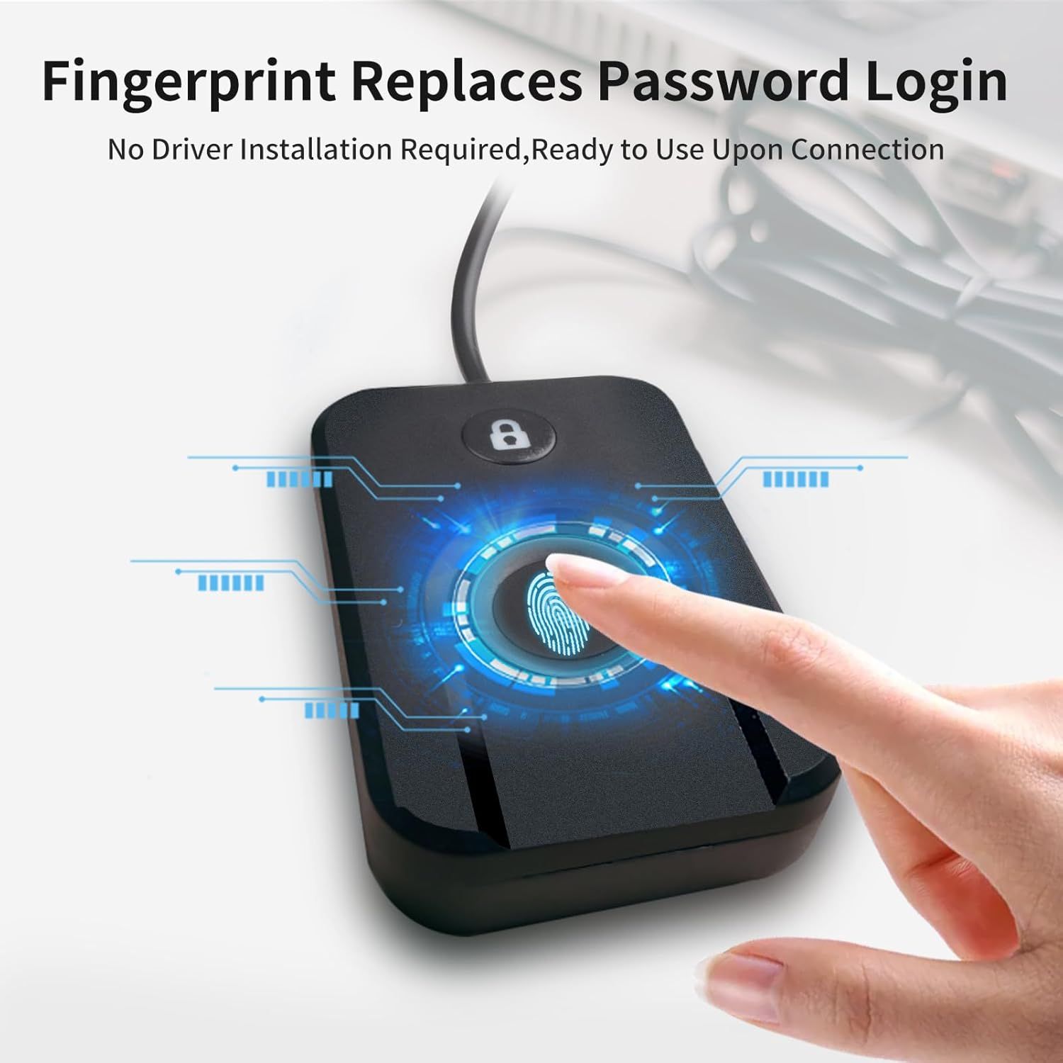 Communicates that the fingerprint reader provides secure password-free login and is ready to use immediately without driver installation, emphasizing convenience and security.