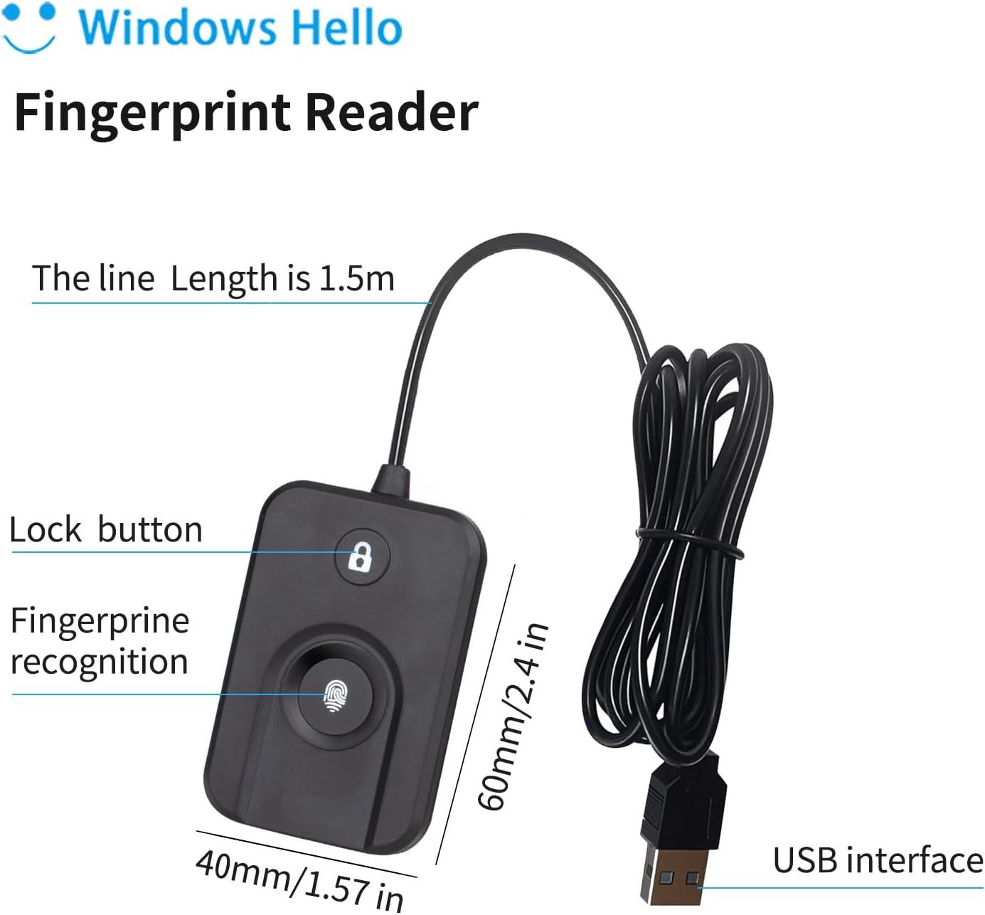 This image breaks down the physical components and specifications of the fingerprint reader, helping shoppers understand the device's parts, size, and connectivity features.