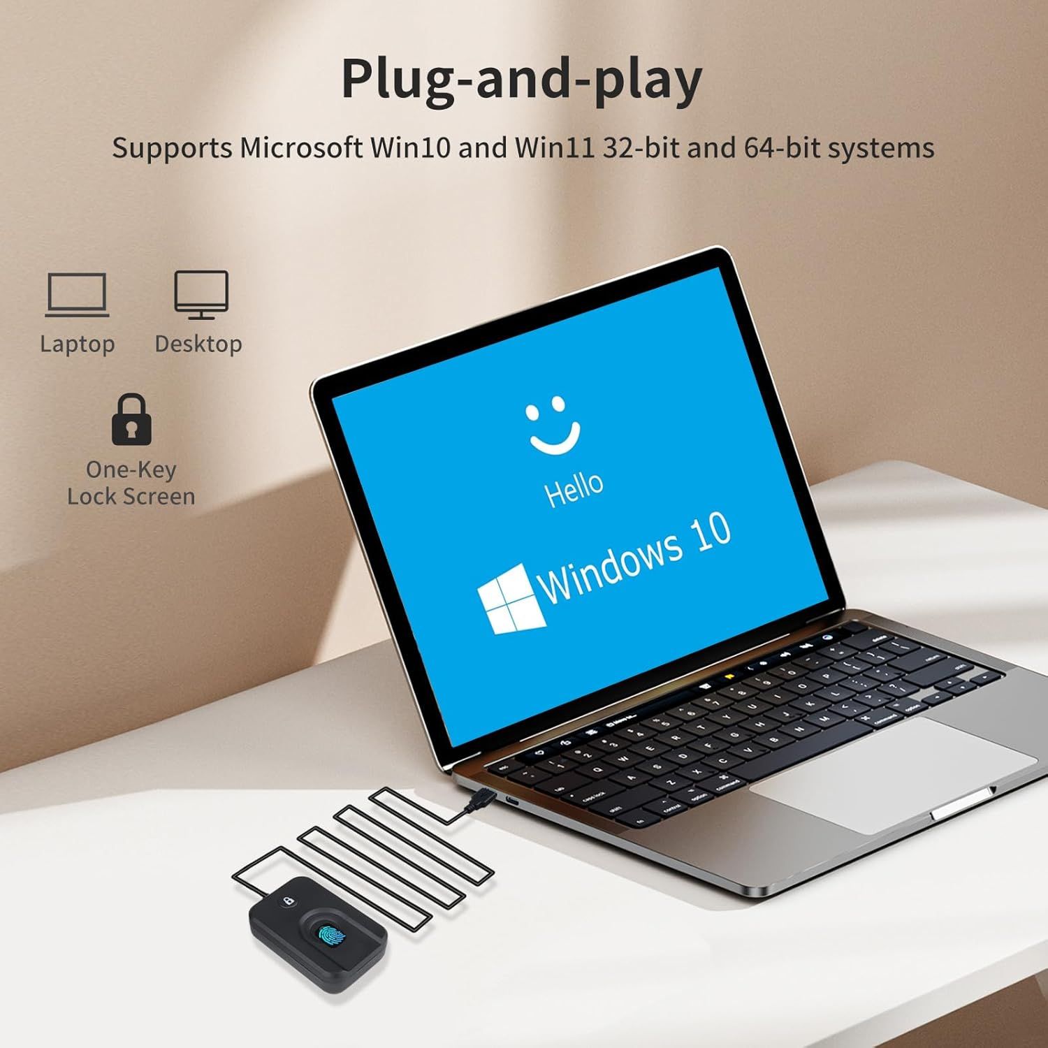 Demonstrates that the product is compatible with multiple device types (laptop, desktop) and Windows operating systems, reassuring shoppers of broad compatibility and plug-and-play ease of use.…