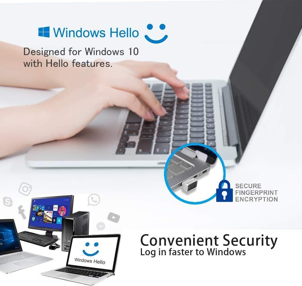 Communicates multiple benefits of the product including Windows Hello compatibility, secure fingerprint encryption, and convenient fast login to Windows, reassuring shoppers about security and ease…