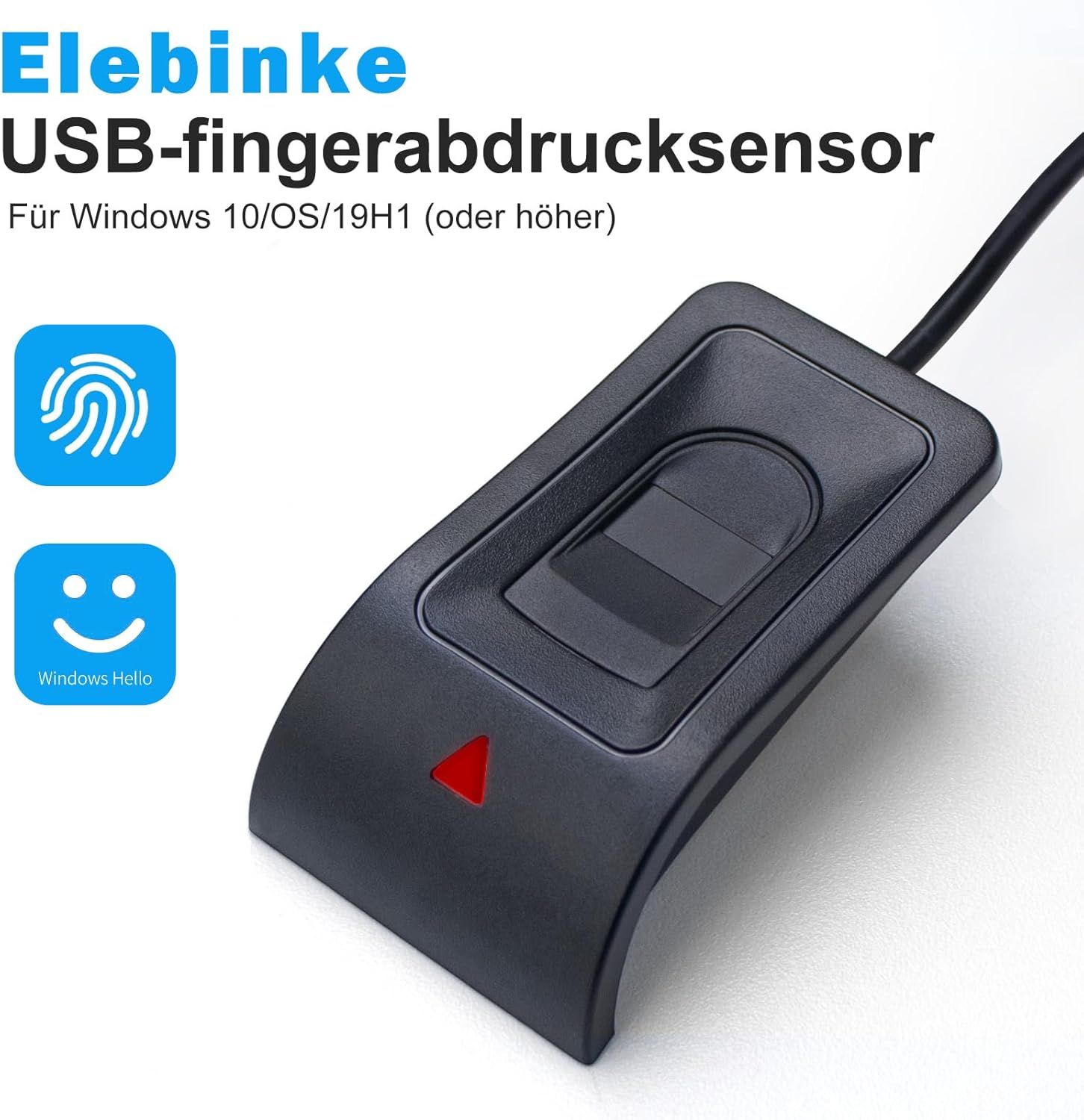 Communicates that this USB fingerprint sensor provides secure biometric authentication and is compatible with Windows Hello, reassuring shoppers about ease of use and security.